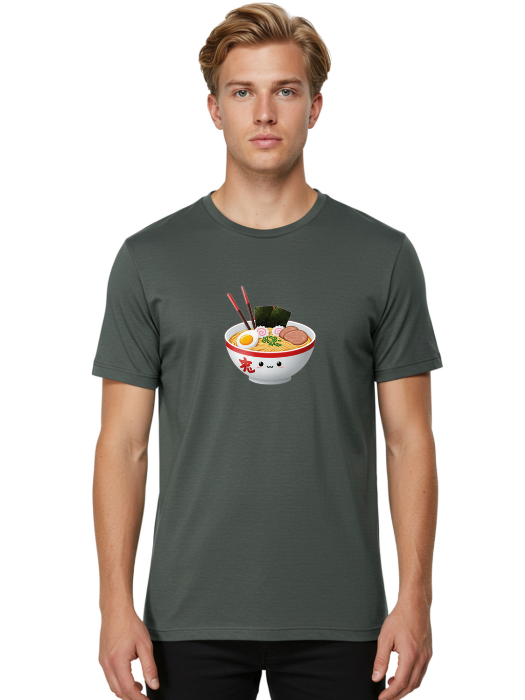 Ramen-Bowl-6 Men'S Graphic Tee, 100% Cotton, Comfortable Casual Summer Wear, Machine Washable, Bowl Of Ramen, Japanese Noodles, Boiled Egg, Green Onions, Seaweed, Sausage, Chopsticks, Anime Food, Kawaii, Cartoon Style, Food Illustration Bab296