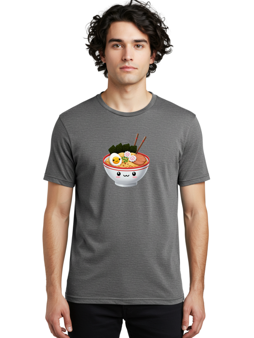 Ramen-Bowl-7 Men'S Graphic Tee, 100% Cotton, Comfortable Casual Summer Wear, Machine Washable, Ramen Noodles, Steaming Bowl, Egg, Seaweed, Narutomaki, Chopsticks, Happy Face, Cartoon Style, Japanese Cuisine, Kawaii Food, Noodle Soup, Bab297
