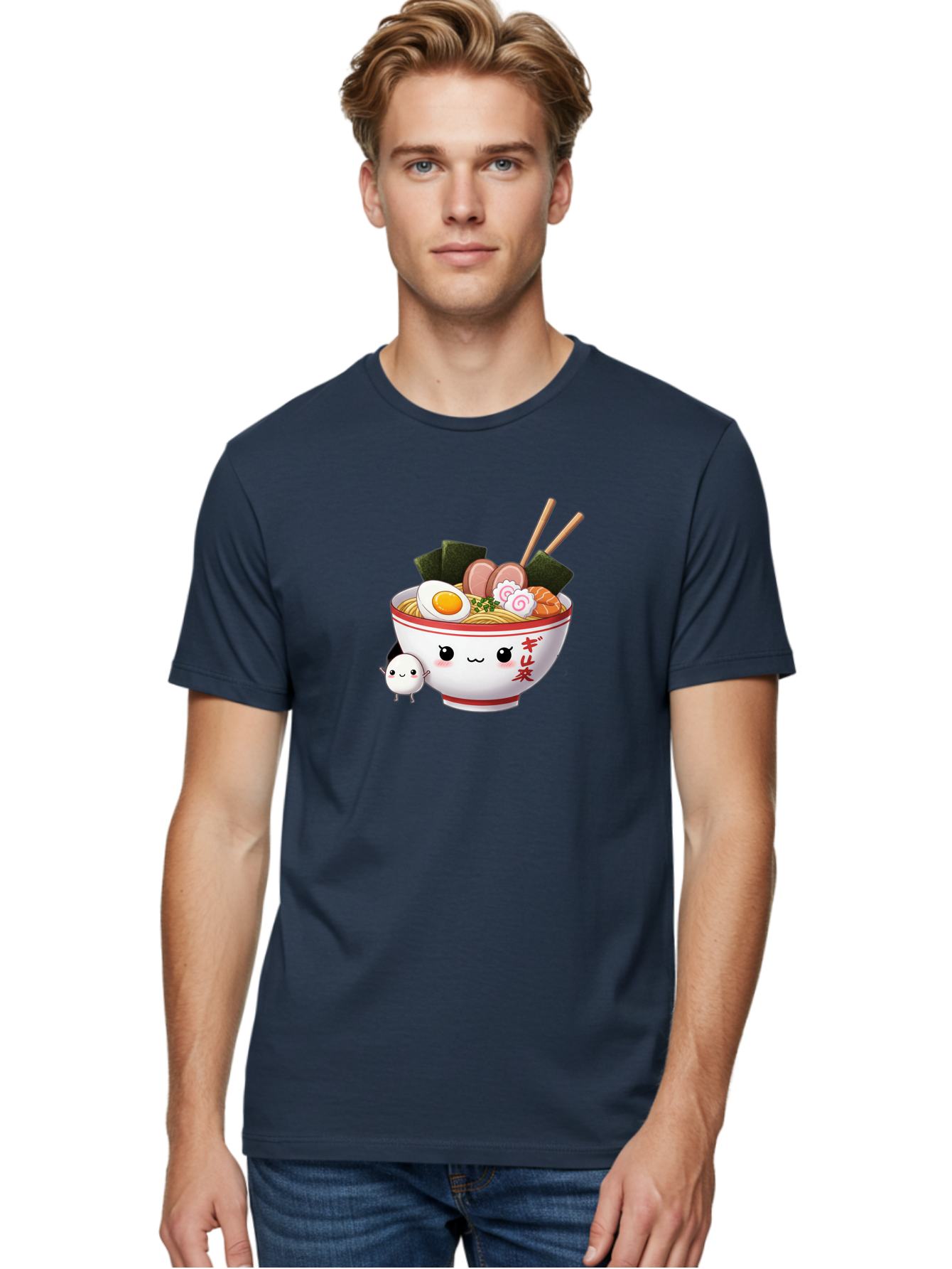 Ramen-Bowl-8 Men'S Graphic Tee, 100% Cotton, Comfortable Casual Summer Wear, Machine Washable, Kawaii Ramen, Steaming Hot Noodles, Boiled Egg, Sliced Pork, Seaweed, Japanese Cuisine, Cartoon Food, Ramen Character, Adorable Illustration, Bab298