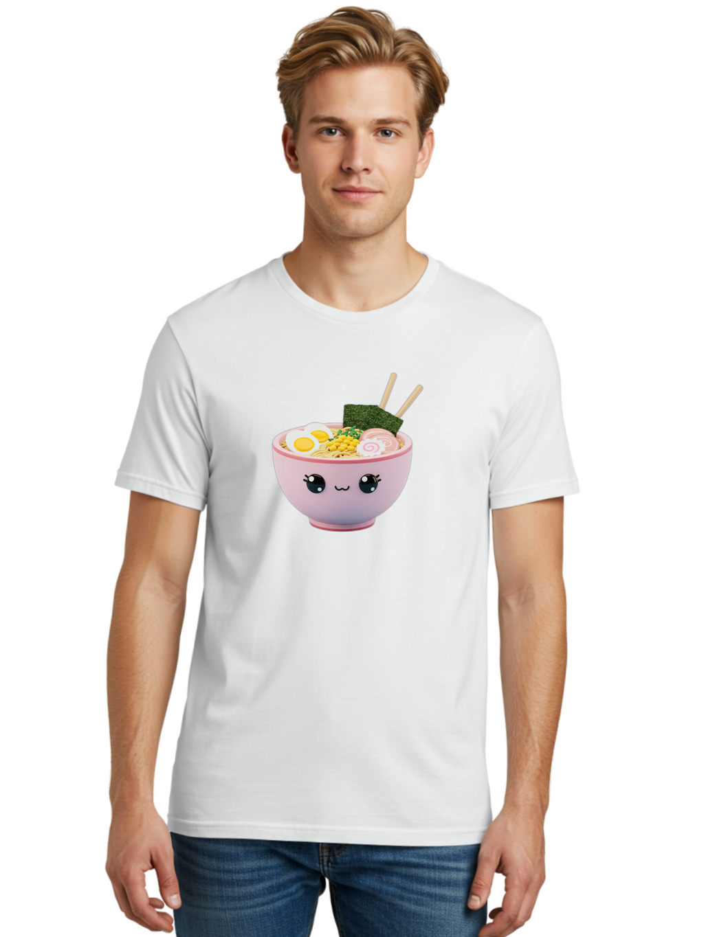 Ramen-Bowl Men'S Graphic Tee, 100% Cotton, Comfortable Casual Summer Wear, Machine Washable, Delicious Ramen, Steaming Hot Noodles, Cartoon Bowl, Kawaii Food, Japanese Cuisine, Tasty Meal, Cute Dish, Boiled Egg, Seaweed, Chopsticks Bab300