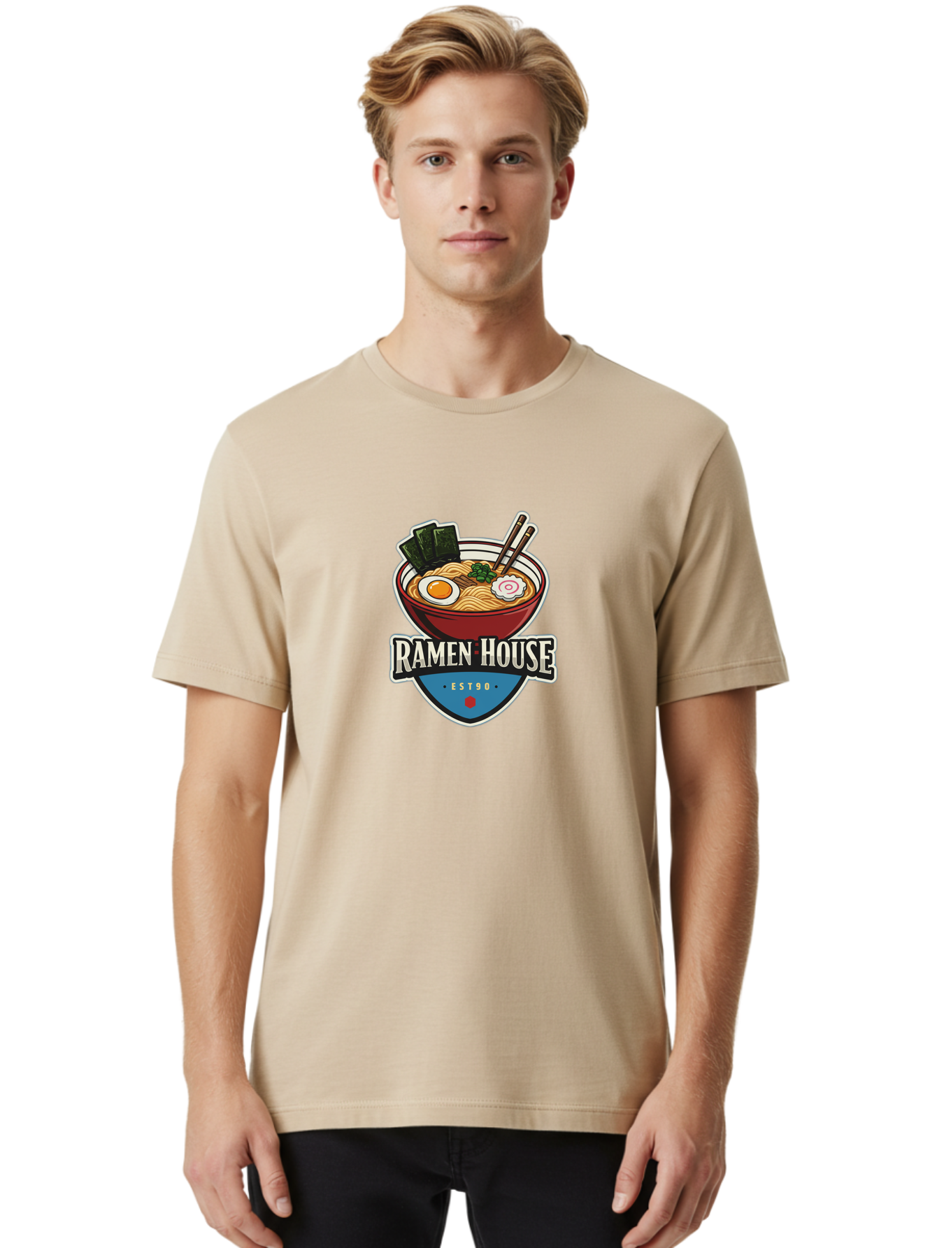 Ramen-House Men'S Graphic Tee, 100% Cotton, Comfortable Casual Summer Wear, Machine Washable, Ramen Bowl, Noodle Soup, Egg, Seaweed, Chopsticks, Japanese Cuisine, Asian Food, Ramen House, Est90, Food Logo, Restaurant Branding Bab301