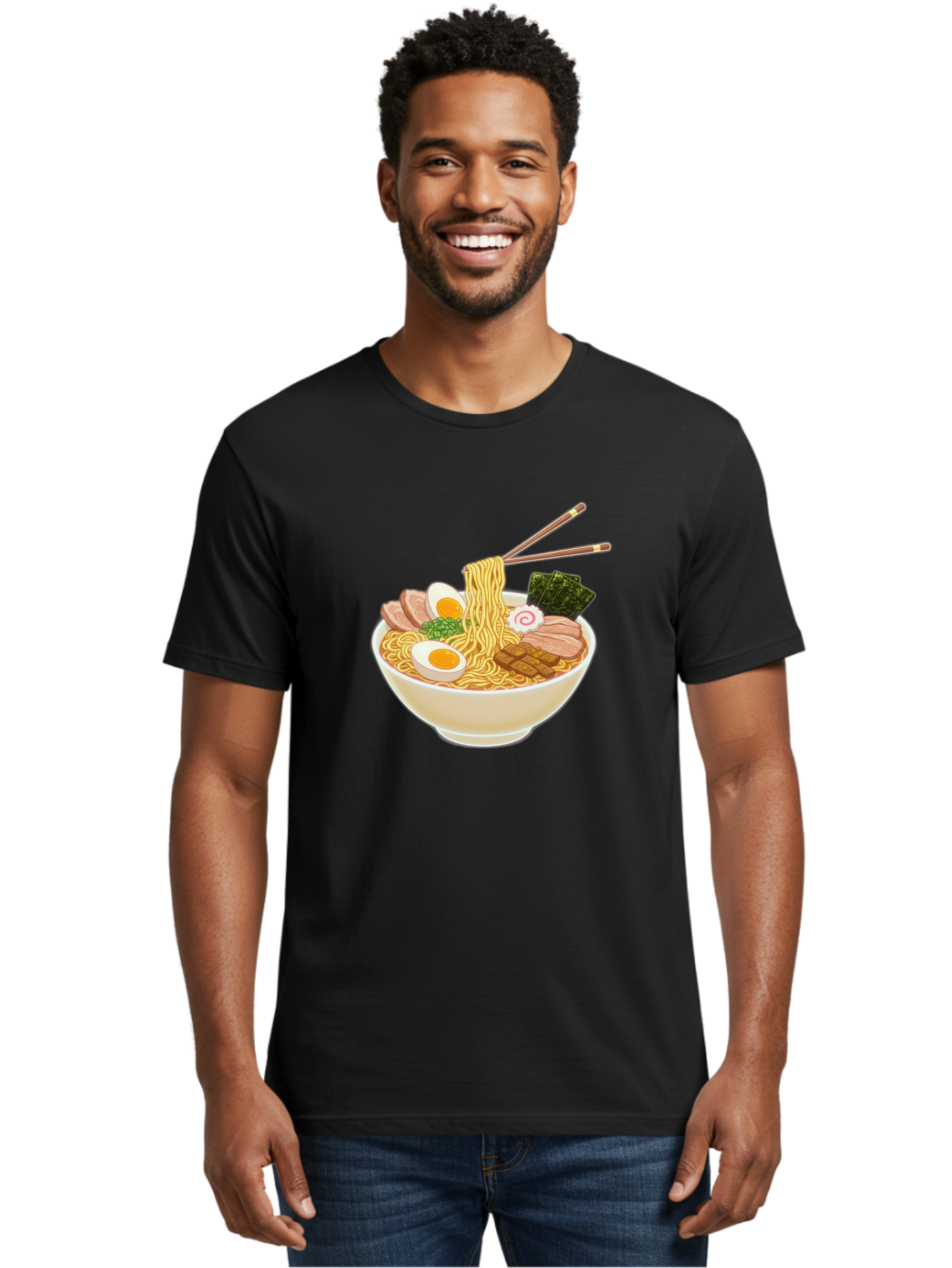 Ramen-Noodle-1 Men'S Graphic Tee, 100% Cotton, Comfortable Casual Summer Wear, Machine Washable, Delicious Ramen, Steaming Hot Noodles, Savory Pork Slices, Boiled Egg, Seaweed, Chopsticks, Japanese Cuisine, Noodle Soup, Comfort Food, Bab302