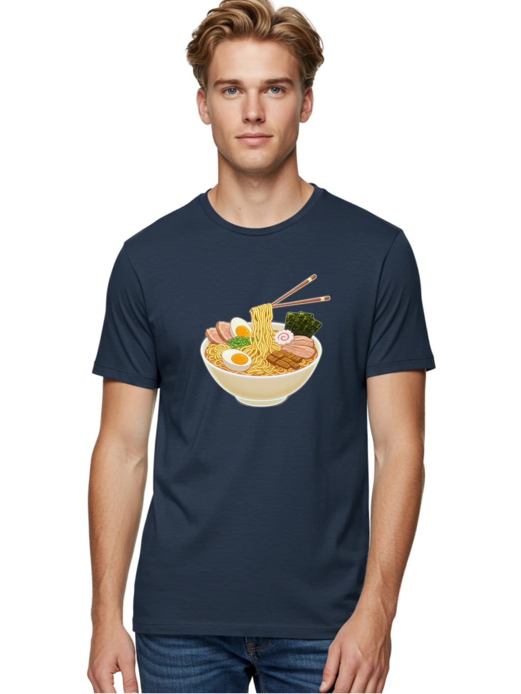 Ramen-Noodle-1 Men'S Graphic Tee, 100% Cotton, Comfortable Casual Summer Wear, Machine Washable, Delicious Ramen, Steaming Hot Noodles, Savory Pork Slices, Boiled Egg, Seaweed, Chopsticks, Japanese Cuisine, Noodle Soup, Comfort Food, Bab302