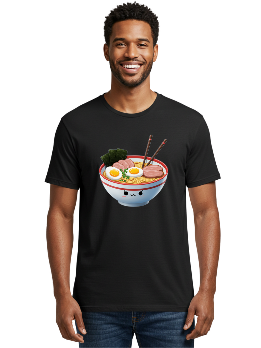 Ramen-Noodle-Bowl-1 Men'S Graphic Tee, 100% Cotton, Comfortable Casual Summer Wear, Machine Washable, Steaming Hot Ramen, Japanese Cuisine, Egg And Meat Toppings, Boiled Egg, Sliced Pork, Seaweed, Chopsticks, Kawaii Culture, Noodle Soup, Bab303