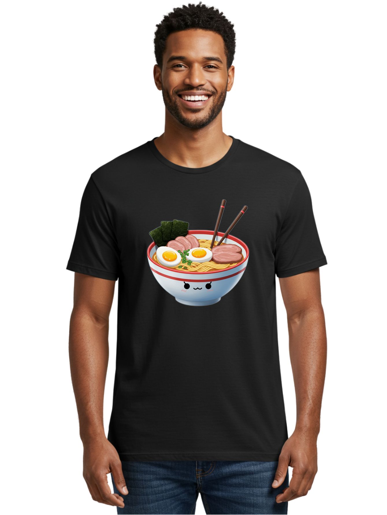 Ramen-Noodle-Bowl-1 Men'S Graphic Tee, 100% Cotton, Comfortable Casual Summer Wear, Machine Washable, Steaming Hot Ramen, Japanese Cuisine, Egg And Meat Toppings, Boiled Egg, Sliced Pork, Seaweed, Chopsticks, Kawaii Culture, Noodle Soup, Bab303