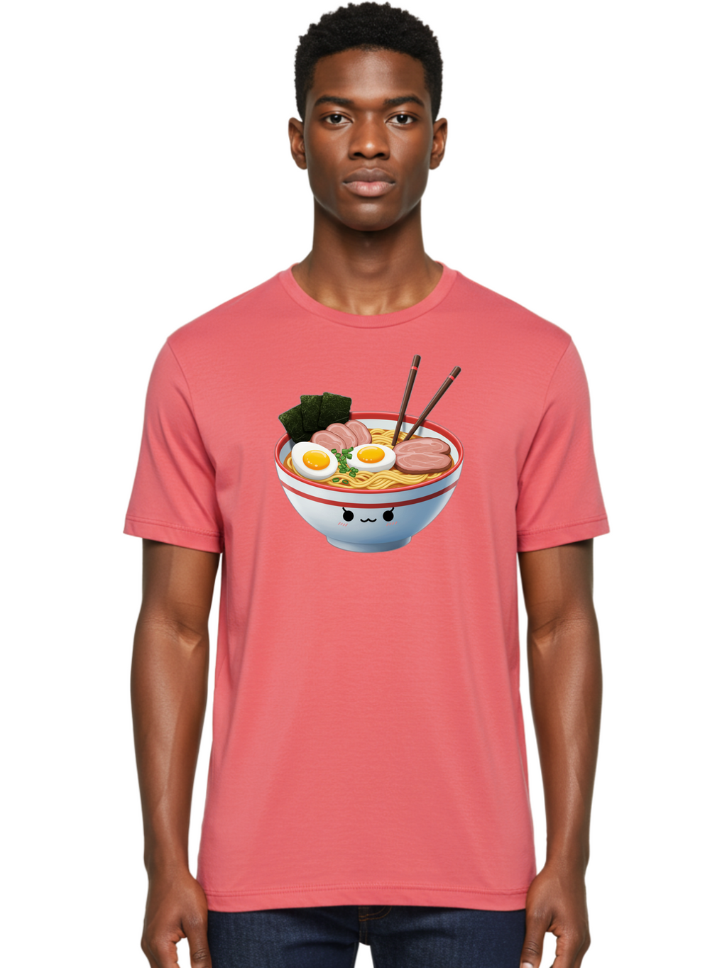 Ramen-Noodle-Bowl-1 Men'S Graphic Tee, 100% Cotton, Comfortable Casual Summer Wear, Machine Washable, Steaming Hot Ramen, Japanese Cuisine, Egg And Meat Toppings, Boiled Egg, Sliced Pork, Seaweed, Chopsticks, Kawaii Culture, Noodle Soup, Bab303