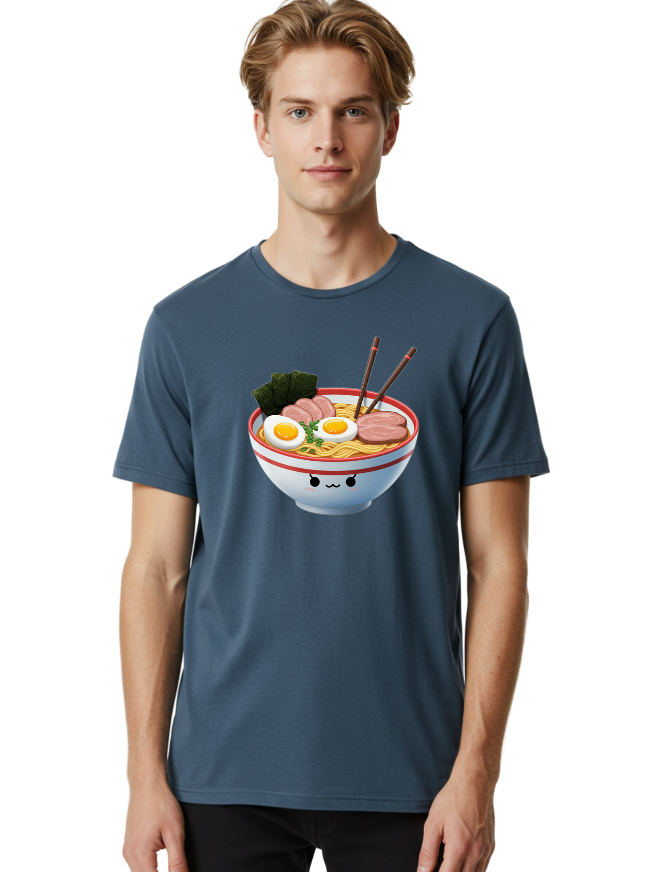 Ramen-Noodle-Bowl-1 Men'S Graphic Tee, 100% Cotton, Comfortable Casual Summer Wear, Machine Washable, Steaming Hot Ramen, Japanese Cuisine, Egg And Meat Toppings, Boiled Egg, Sliced Pork, Seaweed, Chopsticks, Kawaii Culture, Noodle Soup, Bab303