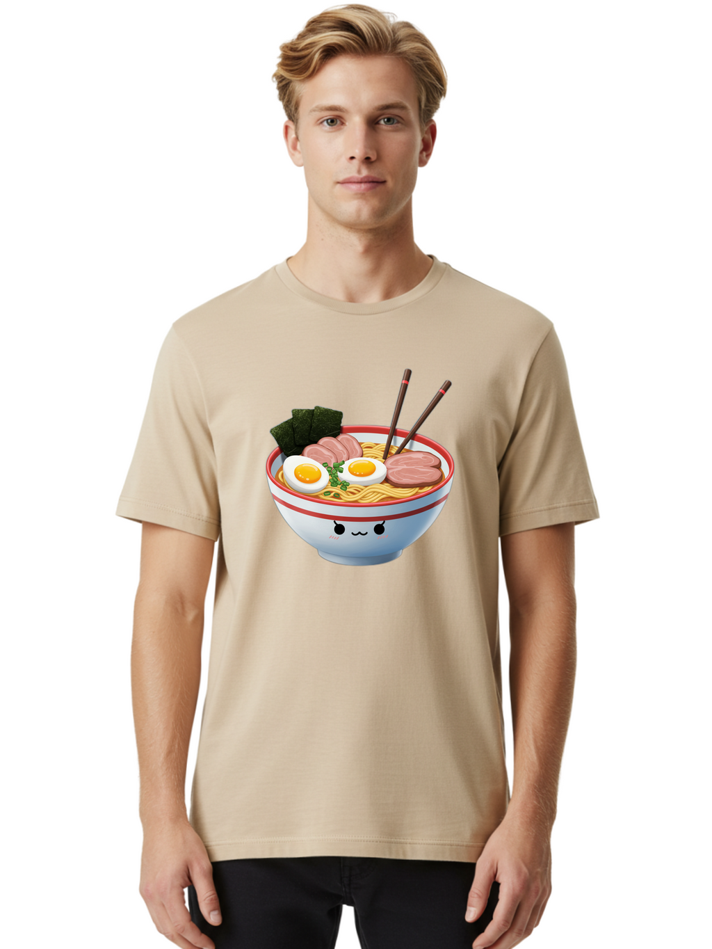 Ramen-Noodle-Bowl-1 Men'S Graphic Tee, 100% Cotton, Comfortable Casual Summer Wear, Machine Washable, Steaming Hot Ramen, Japanese Cuisine, Egg And Meat Toppings, Boiled Egg, Sliced Pork, Seaweed, Chopsticks, Kawaii Culture, Noodle Soup, Bab303