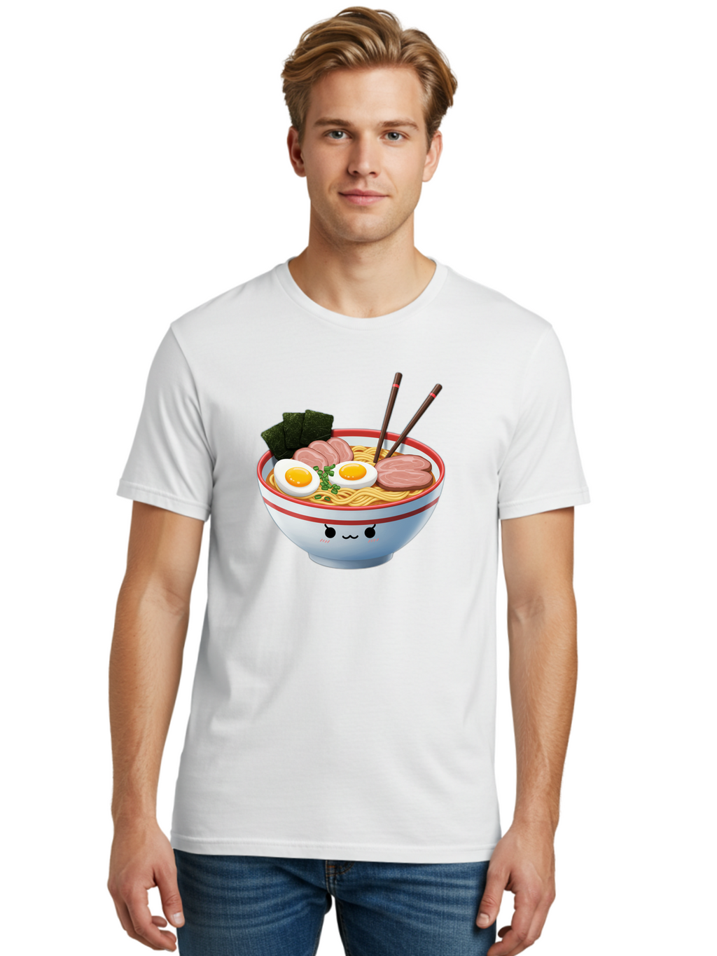 Ramen-Noodle-Bowl-1 Men'S Graphic Tee, 100% Cotton, Comfortable Casual Summer Wear, Machine Washable, Steaming Hot Ramen, Japanese Cuisine, Egg And Meat Toppings, Boiled Egg, Sliced Pork, Seaweed, Chopsticks, Kawaii Culture, Noodle Soup, Bab303