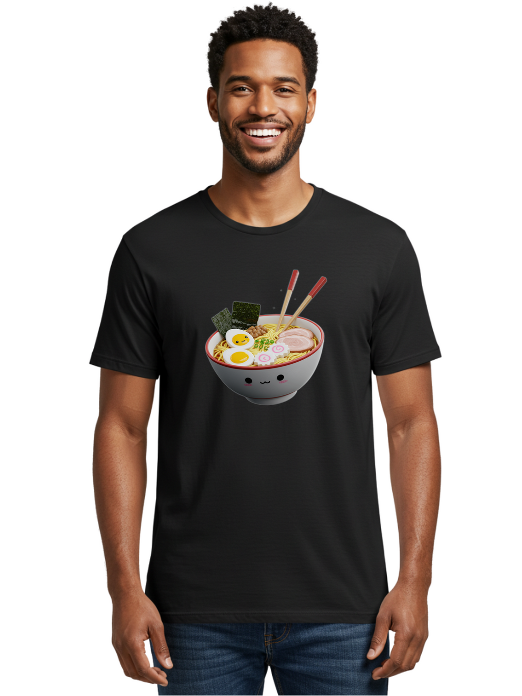 Ramen-Noodle-Bowl-2 Men'S Graphic Tee, 100% Cotton, Comfortable Casual Summer Wear, Machine Washable, Delicious Ramen, Steaming Hot Noodles, Boiled Egg, Sliced Pork, Seaweed, Chopsticks, Cartoon Bowl, Kawaii Food, Japanese Cuisine, Bab304