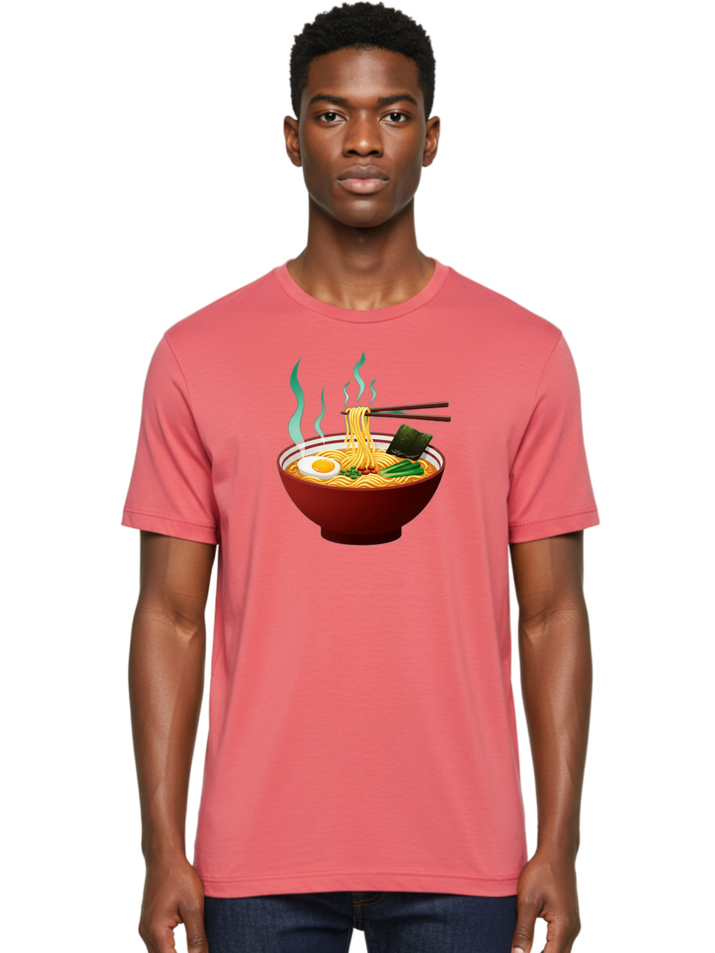 Ramen-Noodle-Bowl-3 Men'S Graphic Tee, 100% Cotton, Comfortable Casual Summer Wear, Machine Washable, Steaming Hot Ramen, Yellow Noodles, Boiled Egg, Seaweed, Green Onions, Chopsticks, Asian Cuisine, Japanese Food, Noodle Soup, Savory Dish Bab305