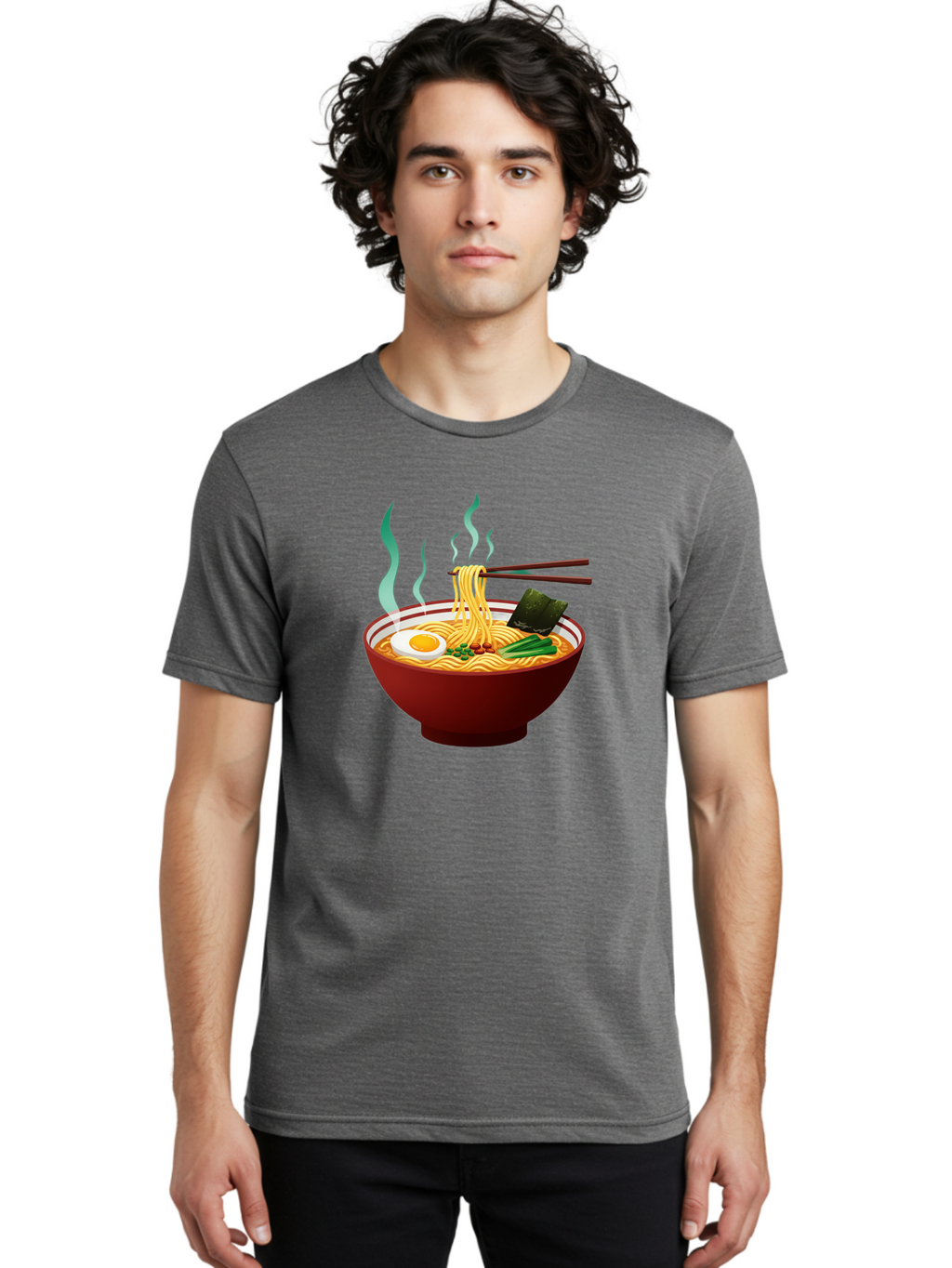 Ramen-Noodle-Bowl-3 Men'S Graphic Tee, 100% Cotton, Comfortable Casual Summer Wear, Machine Washable, Steaming Hot Ramen, Yellow Noodles, Boiled Egg, Seaweed, Green Onions, Chopsticks, Asian Cuisine, Japanese Food, Noodle Soup, Savory Dish Bab305