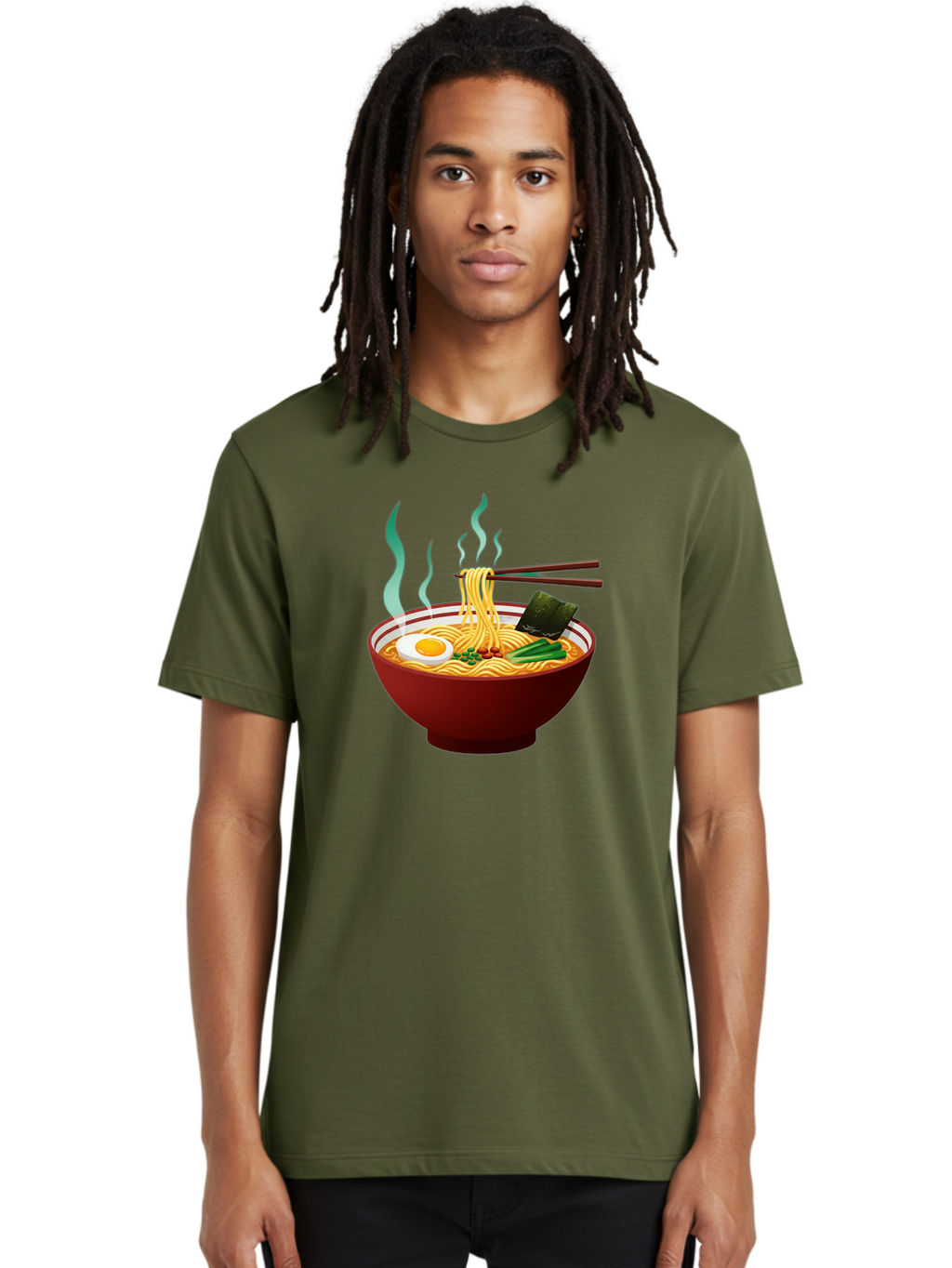 Ramen-Noodle-Bowl-3 Men'S Graphic Tee, 100% Cotton, Comfortable Casual Summer Wear, Machine Washable, Steaming Hot Ramen, Yellow Noodles, Boiled Egg, Seaweed, Green Onions, Chopsticks, Asian Cuisine, Japanese Food, Noodle Soup, Savory Dish Bab305