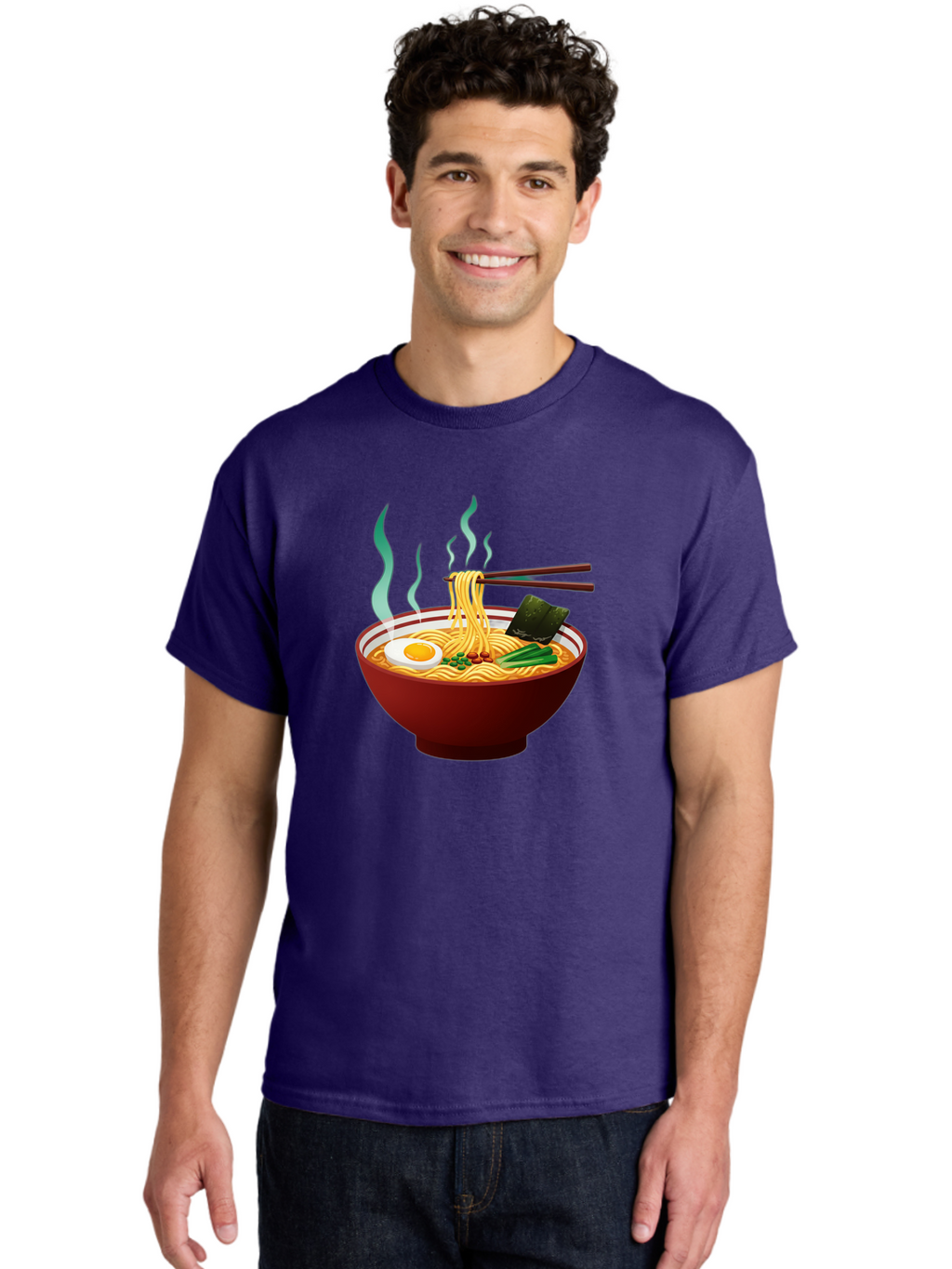 Ramen-Noodle-Bowl-3 Men'S Graphic Tee, 100% Cotton, Comfortable Casual Summer Wear, Machine Washable, Steaming Hot Ramen, Yellow Noodles, Boiled Egg, Seaweed, Green Onions, Chopsticks, Asian Cuisine, Japanese Food, Noodle Soup, Savory Dish Bab305