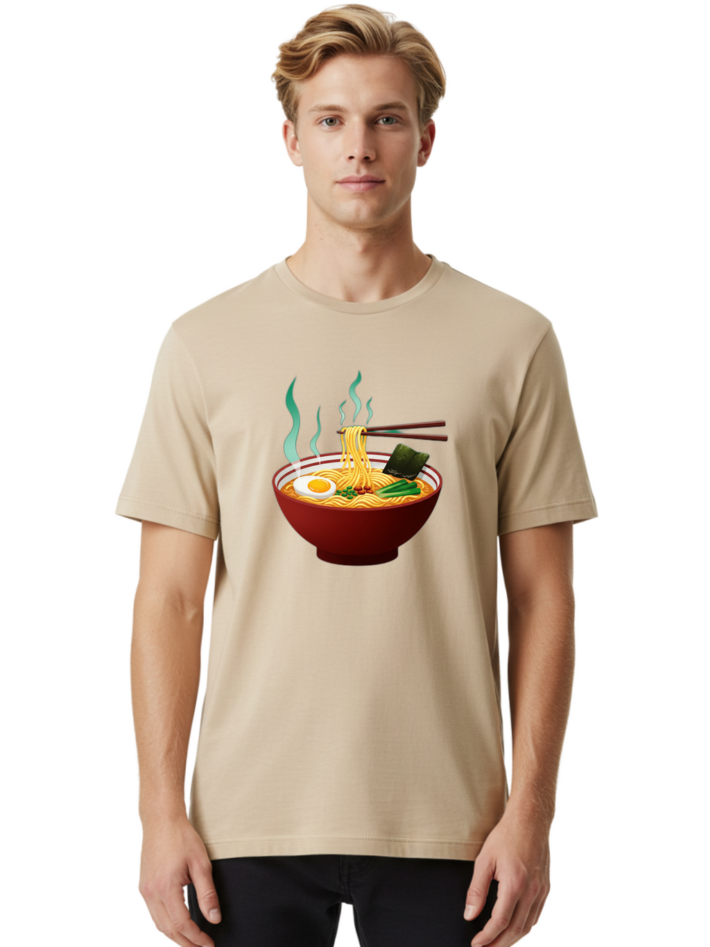 Ramen-Noodle-Bowl-3 Men'S Graphic Tee, 100% Cotton, Comfortable Casual Summer Wear, Machine Washable, Steaming Hot Ramen, Yellow Noodles, Boiled Egg, Seaweed, Green Onions, Chopsticks, Asian Cuisine, Japanese Food, Noodle Soup, Savory Dish Bab305