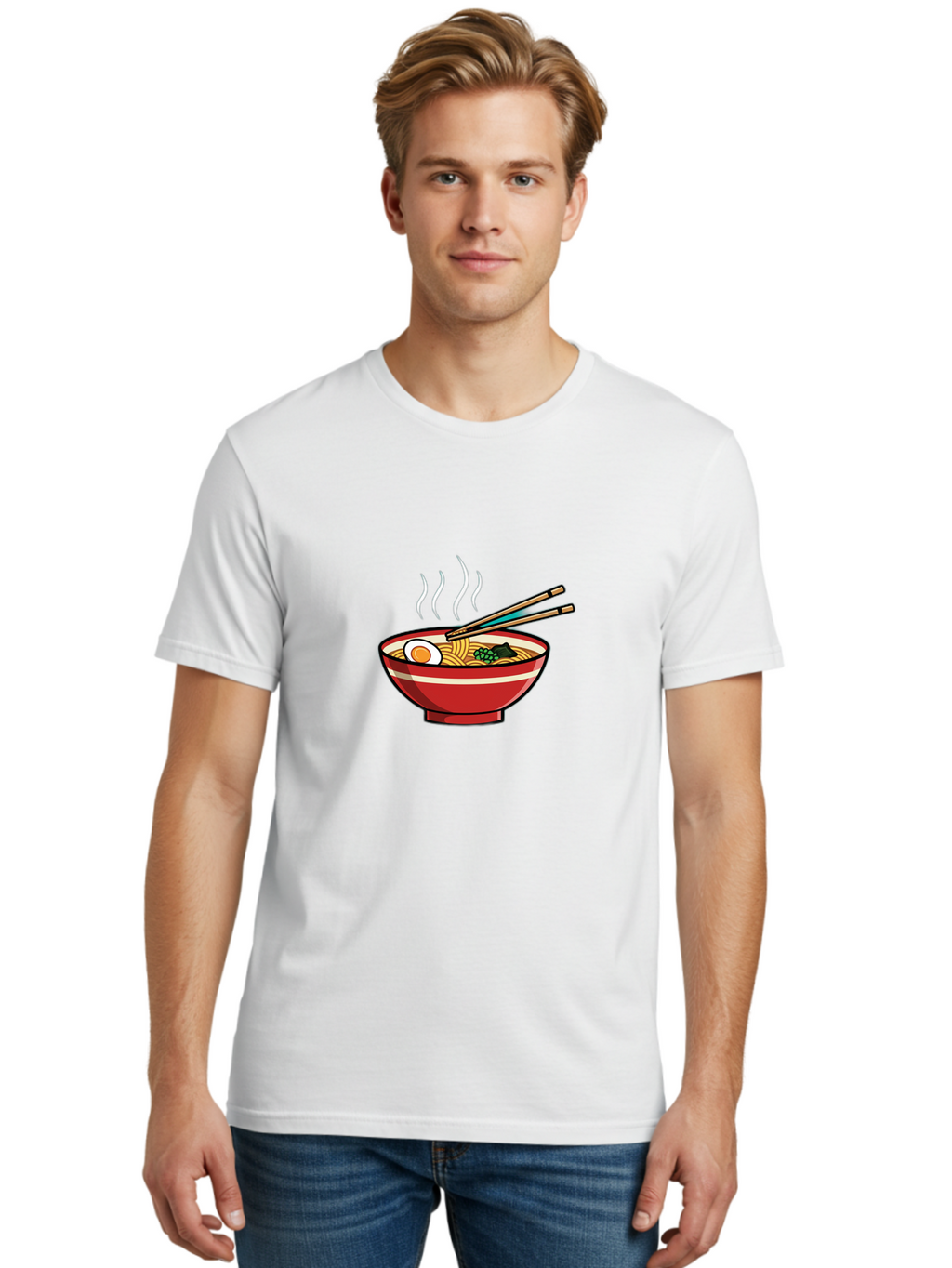 Ramen-Noodle-Bowl-4 Men'S Graphic Tee, 100% Cotton, Comfortable Casual Summer Wear, Machine Washable, Steaming Hot Ramen, Japanese Noodle Soup, Delicious Meal, Bowl Of Noodles, Chopsticks, Boiled Egg, Green Onions, Savory Dish, Asian Cuisine, Bab306