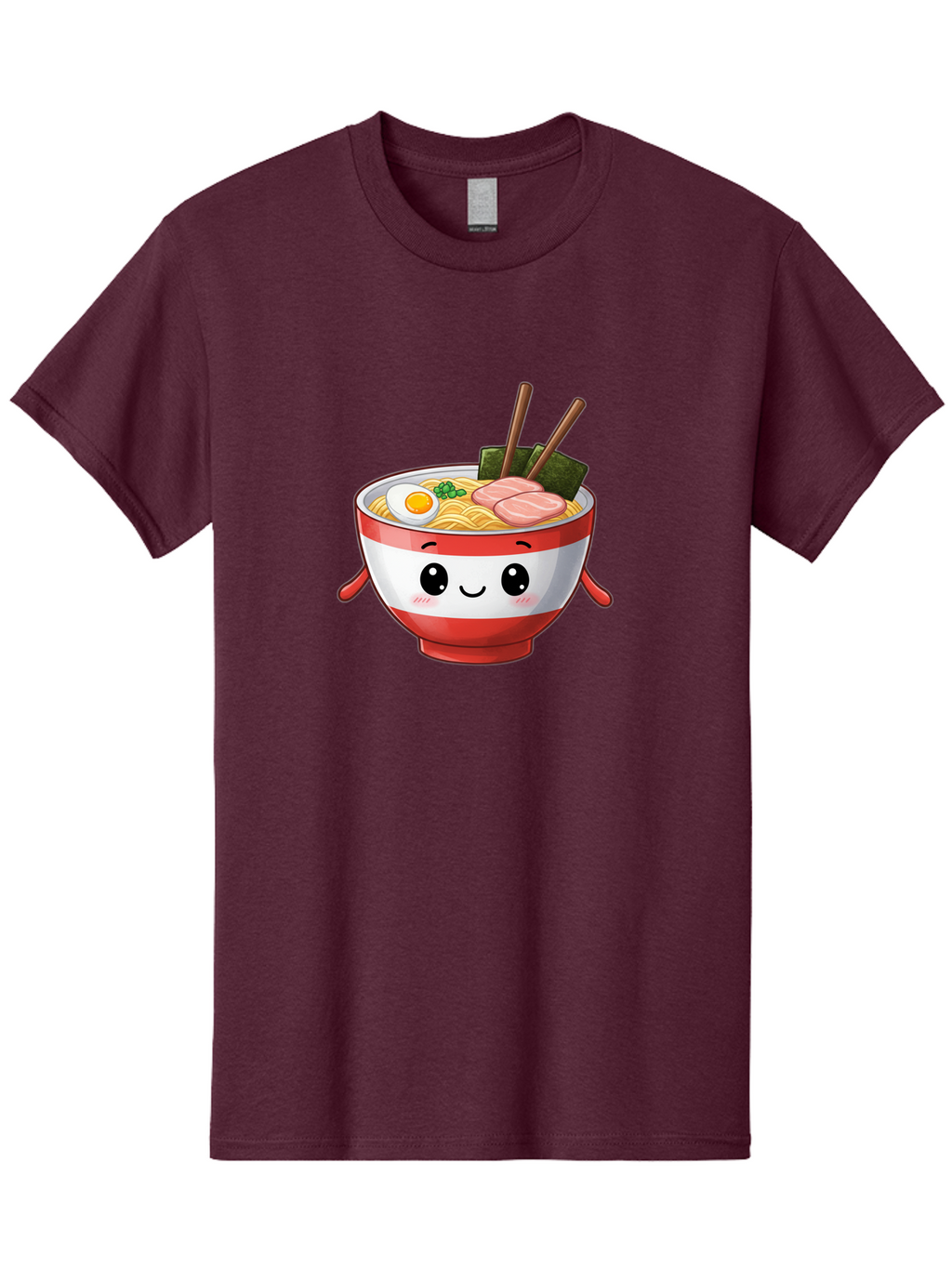 Ramen-Noodle-Bowl Men'S Graphic Tee, 100% Cotton, Comfortable Casual Summer Wear, Machine Washable, Cartoon Ramen Bowl, Japanese Food, Noodle Soup, Egg, Pork Slices, Seaweed, Chopsticks, Kawaii Character, Cute Design, Anime Style Bab307