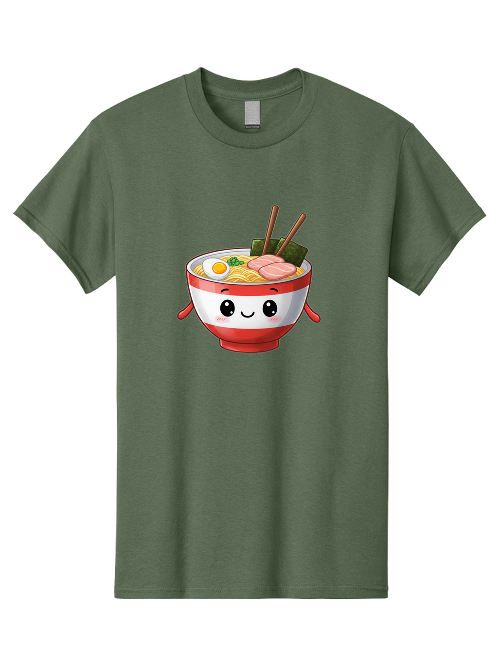 Ramen-Noodle-Bowl Men'S Graphic Tee, 100% Cotton, Comfortable Casual Summer Wear, Machine Washable, Cartoon Ramen Bowl, Japanese Food, Noodle Soup, Egg, Pork Slices, Seaweed, Chopsticks, Kawaii Character, Cute Design, Anime Style Bab307