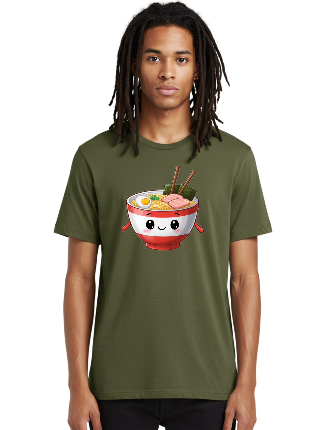 Ramen-Noodle-Bowl Men'S Graphic Tee, 100% Cotton, Comfortable Casual Summer Wear, Machine Washable, Cartoon Ramen Bowl, Japanese Food, Noodle Soup, Egg, Pork Slices, Seaweed, Chopsticks, Kawaii Character, Cute Design, Anime Style Bab307