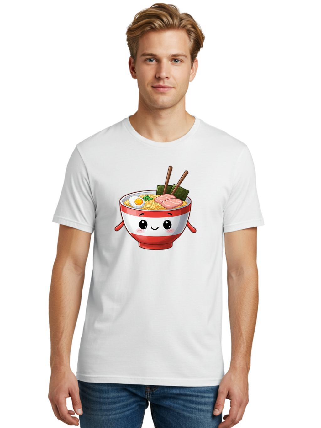 Ramen-Noodle-Bowl Men'S Graphic Tee, 100% Cotton, Comfortable Casual Summer Wear, Machine Washable, Cartoon Ramen Bowl, Japanese Food, Noodle Soup, Egg, Pork Slices, Seaweed, Chopsticks, Kawaii Character, Cute Design, Anime Style Bab307