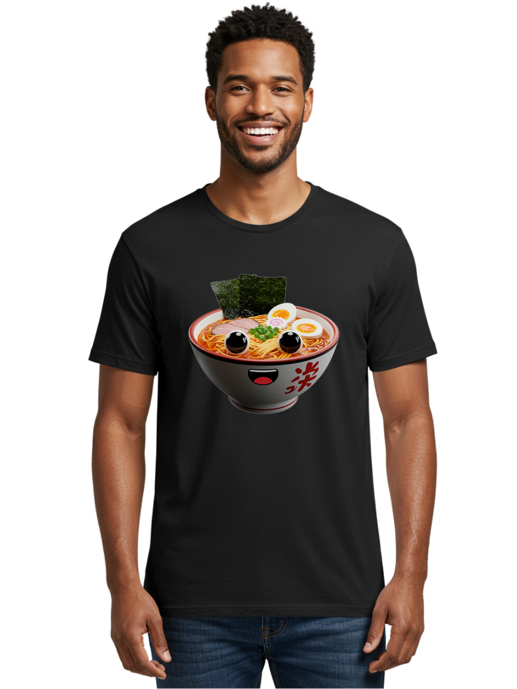 Ramen-Noodle Men'S Graphic Tee, 100% Cotton, Comfortable Casual Summer Wear, Machine Washable, Steaming Bowl Of Ramen, Japanese Cuisine, Noodle Soup, Sliced Pork, Boiled Egg, Green Onions, Seaweed, Cartoonish Illustration, Kawaii Food, Bab308
