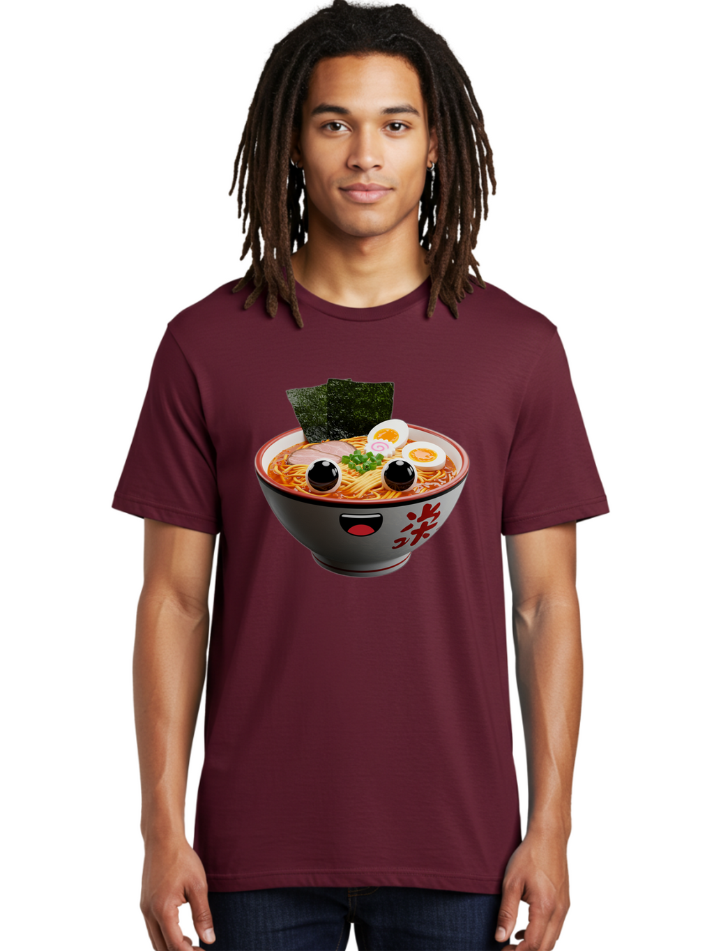 Ramen-Noodle Men'S Graphic Tee, 100% Cotton, Comfortable Casual Summer Wear, Machine Washable, Steaming Bowl Of Ramen, Japanese Cuisine, Noodle Soup, Sliced Pork, Boiled Egg, Green Onions, Seaweed, Cartoonish Illustration, Kawaii Food, Bab308