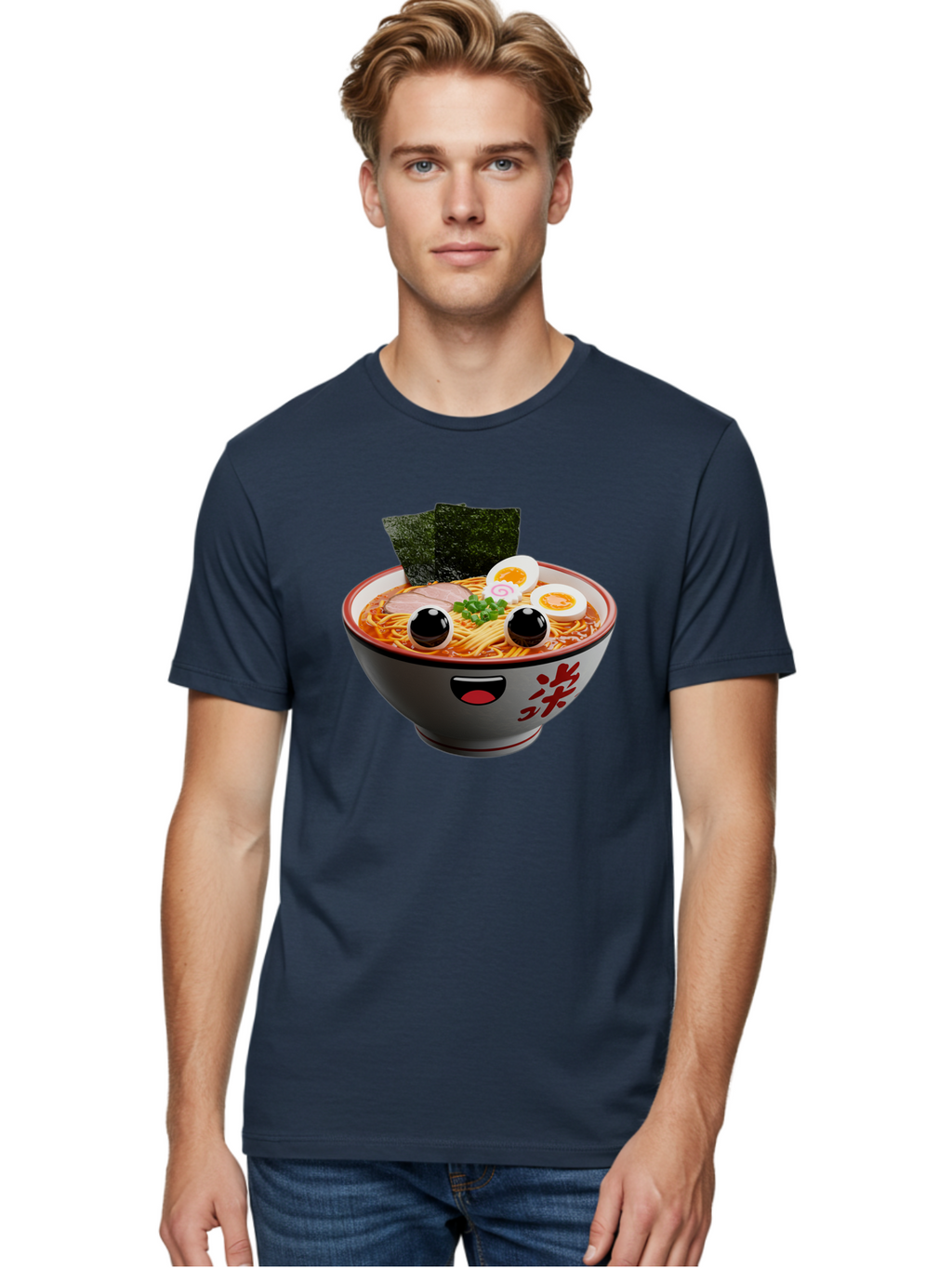 Ramen-Noodle Men'S Graphic Tee, 100% Cotton, Comfortable Casual Summer Wear, Machine Washable, Steaming Bowl Of Ramen, Japanese Cuisine, Noodle Soup, Sliced Pork, Boiled Egg, Green Onions, Seaweed, Cartoonish Illustration, Kawaii Food, Bab308