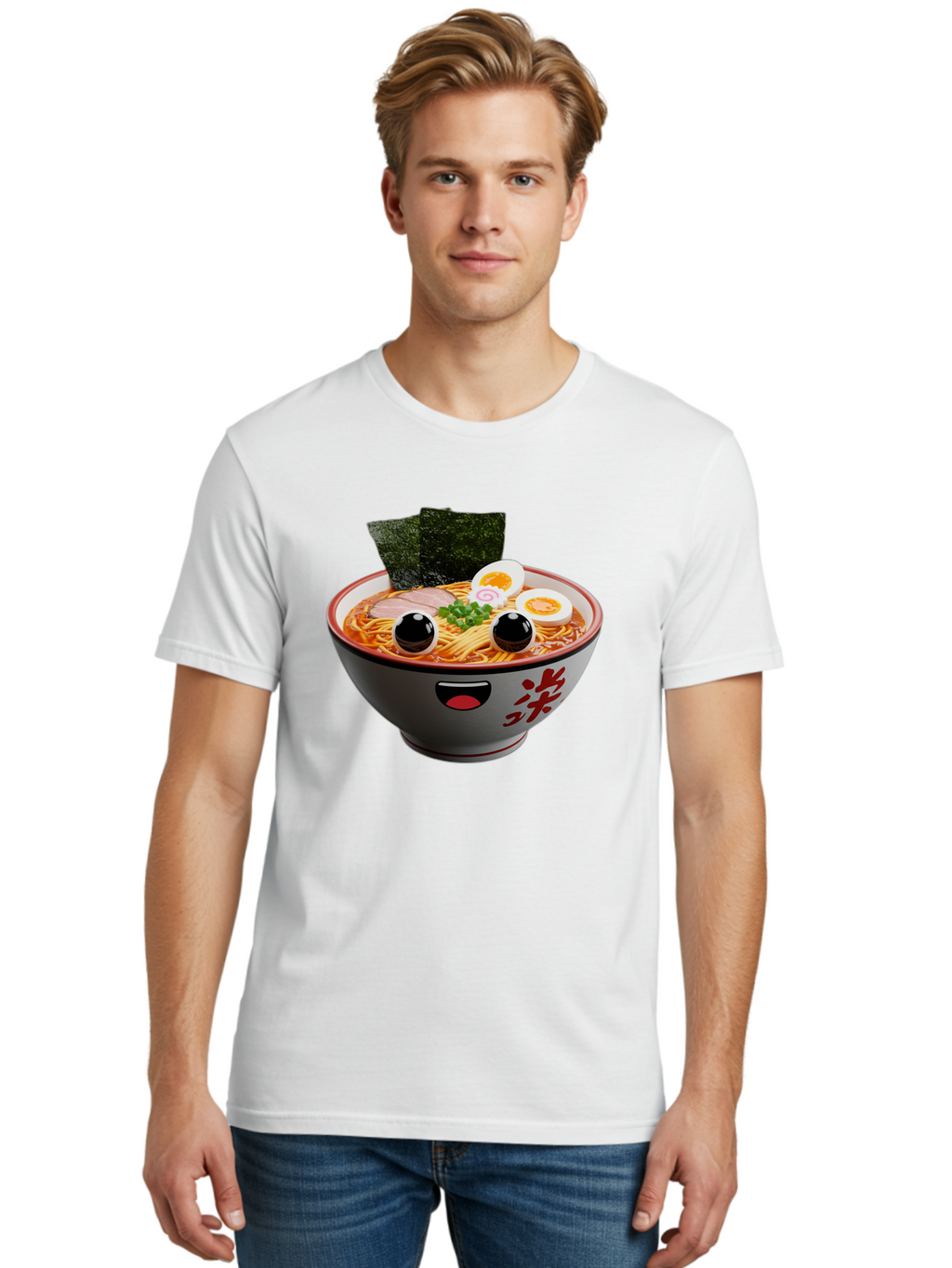 Ramen-Noodle Men'S Graphic Tee, 100% Cotton, Comfortable Casual Summer Wear, Machine Washable, Steaming Bowl Of Ramen, Japanese Cuisine, Noodle Soup, Sliced Pork, Boiled Egg, Green Onions, Seaweed, Cartoonish Illustration, Kawaii Food, Bab308