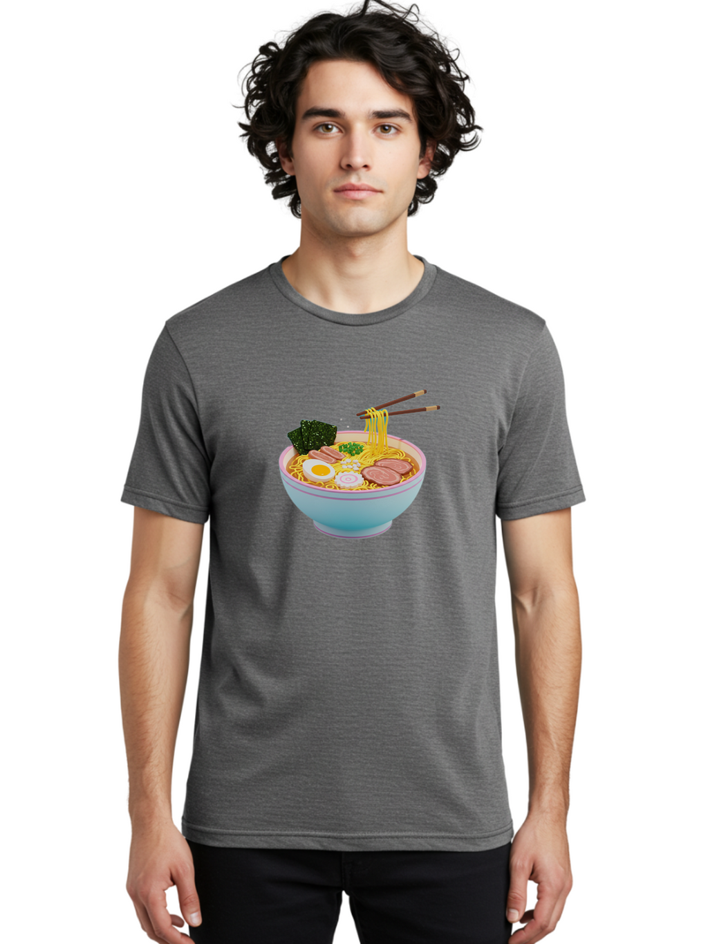 Ramen-Noodles-3 Men'S Graphic Tee, 100% Cotton, Comfortable Casual Summer Wear, Machine Washable, Ramen Noodles, Boiled Egg, Sliced Meat, Seaweed, Green Onions, Savory Broth, Asian Cuisine, Comfort Food, Noodle Soup, Chopsticks, Japanese Dish Bab311