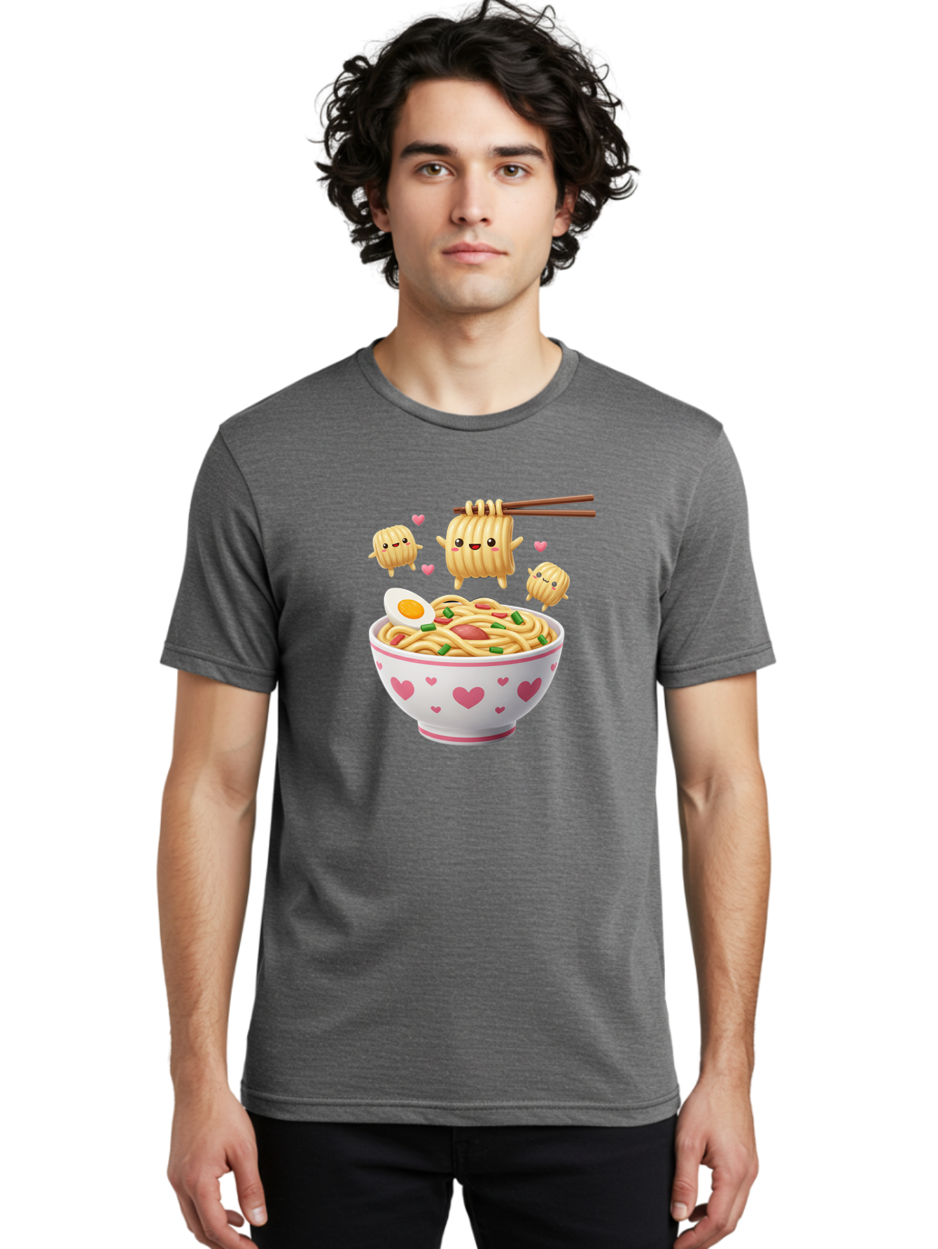 Ramen-Noodles-5 Men'S Graphic Tee, 100% Cotton, Comfortable Casual Summer Wear, Machine Washable, Cartoon Noodles, Happy Faces, Heart Designs, Bowl Of Noodles, Ramen, Egg, Chopsticks, Animated Characters, Kawaii, Digital Art, Cartoon Food, Bab313