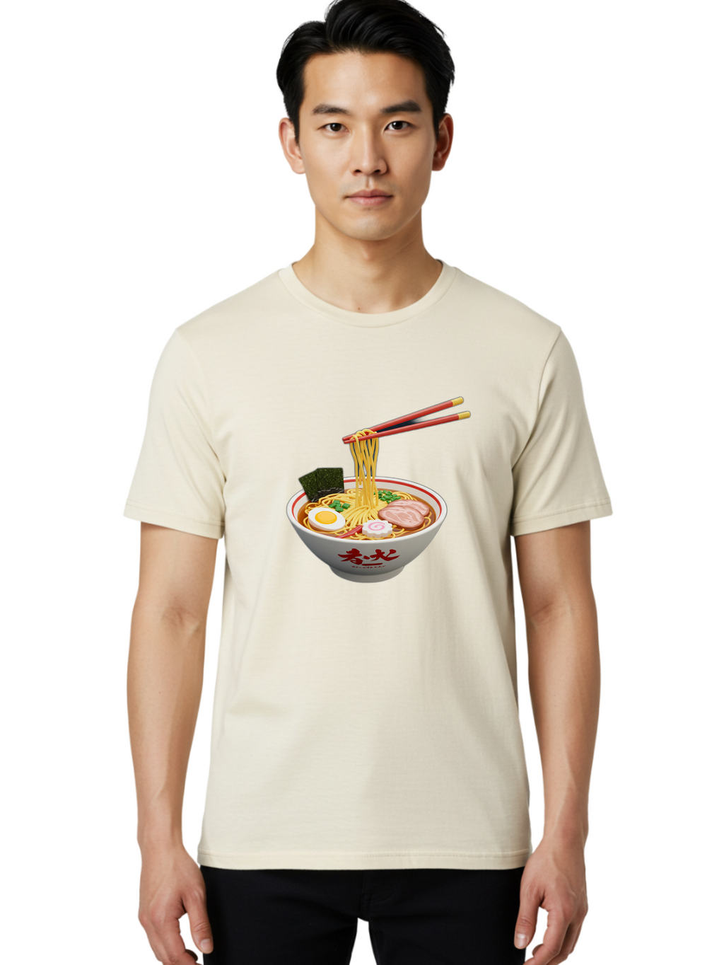 Ramen-Noodles-6 Men'S Graphic Tee, 100% Cotton, Comfortable Casual Summer Wear, Machine Washable, Steaming Bowl Of Ramen, Japanese Noodle Soup, Boiled Egg, Sliced Pork, Seaweed, Green Onions, Chopsticks, Asian Cuisine, Savory Broth, Bab314