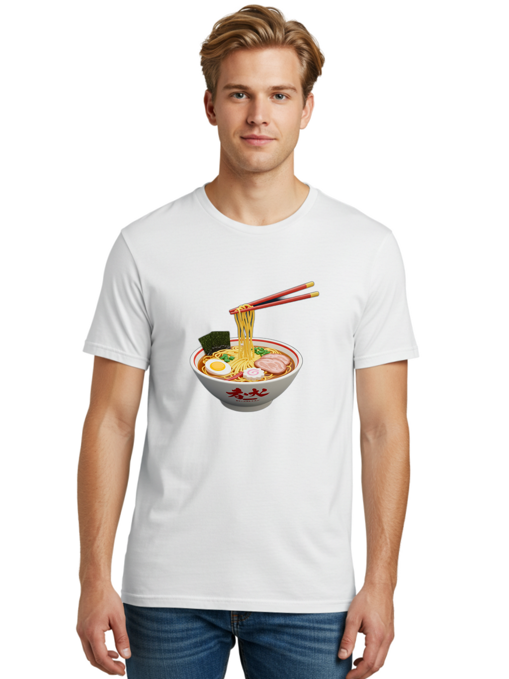 Ramen-Noodles-6 Men'S Graphic Tee, 100% Cotton, Comfortable Casual Summer Wear, Machine Washable, Steaming Bowl Of Ramen, Japanese Noodle Soup, Boiled Egg, Sliced Pork, Seaweed, Green Onions, Chopsticks, Asian Cuisine, Savory Broth, Bab314