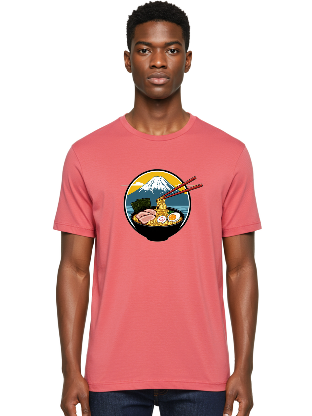 Ramen-Noodles-With-Mount-Fuji Men'S Graphic Tee, 100% Cotton, Comfortable Casual Summer Wear, Machine Washable, Steaming Bowl Of Ramen Noodles, Delicious Japanese Cuisine, Savory Pork Slices, Boiled Egg, Seaweed, Mount Fuji, Chopsticks, Bab315