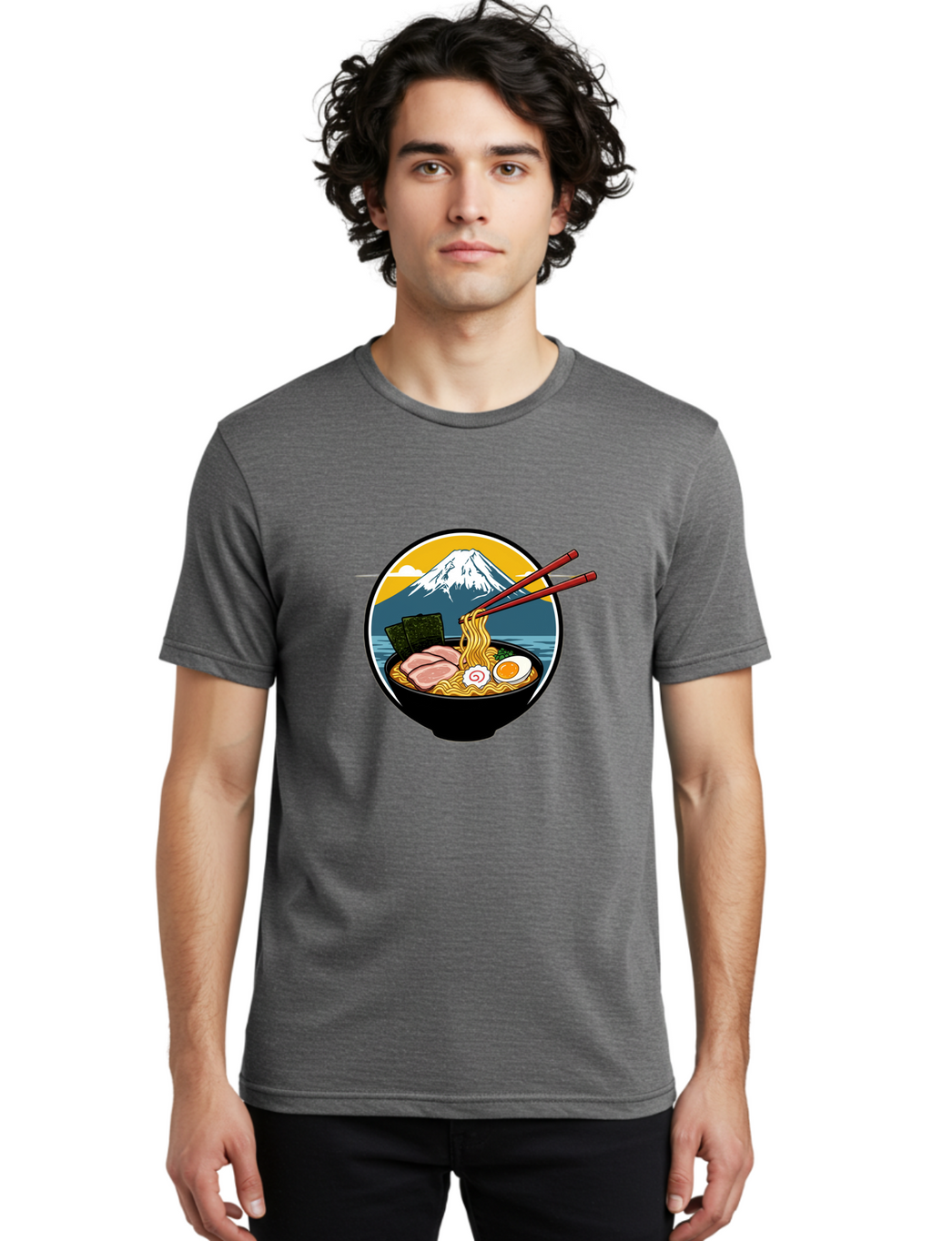 Ramen-Noodles-With-Mount-Fuji Men'S Graphic Tee, 100% Cotton, Comfortable Casual Summer Wear, Machine Washable, Steaming Bowl Of Ramen Noodles, Delicious Japanese Cuisine, Savory Pork Slices, Boiled Egg, Seaweed, Mount Fuji, Chopsticks, Bab315