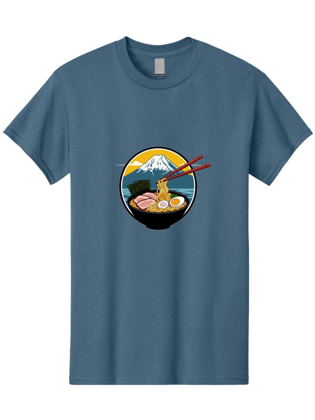 Ramen-Noodles-With-Mount-Fuji Men'S Graphic Tee, 100% Cotton, Comfortable Casual Summer Wear, Machine Washable, Steaming Bowl Of Ramen Noodles, Delicious Japanese Cuisine, Savory Pork Slices, Boiled Egg, Seaweed, Mount Fuji, Chopsticks, Bab315