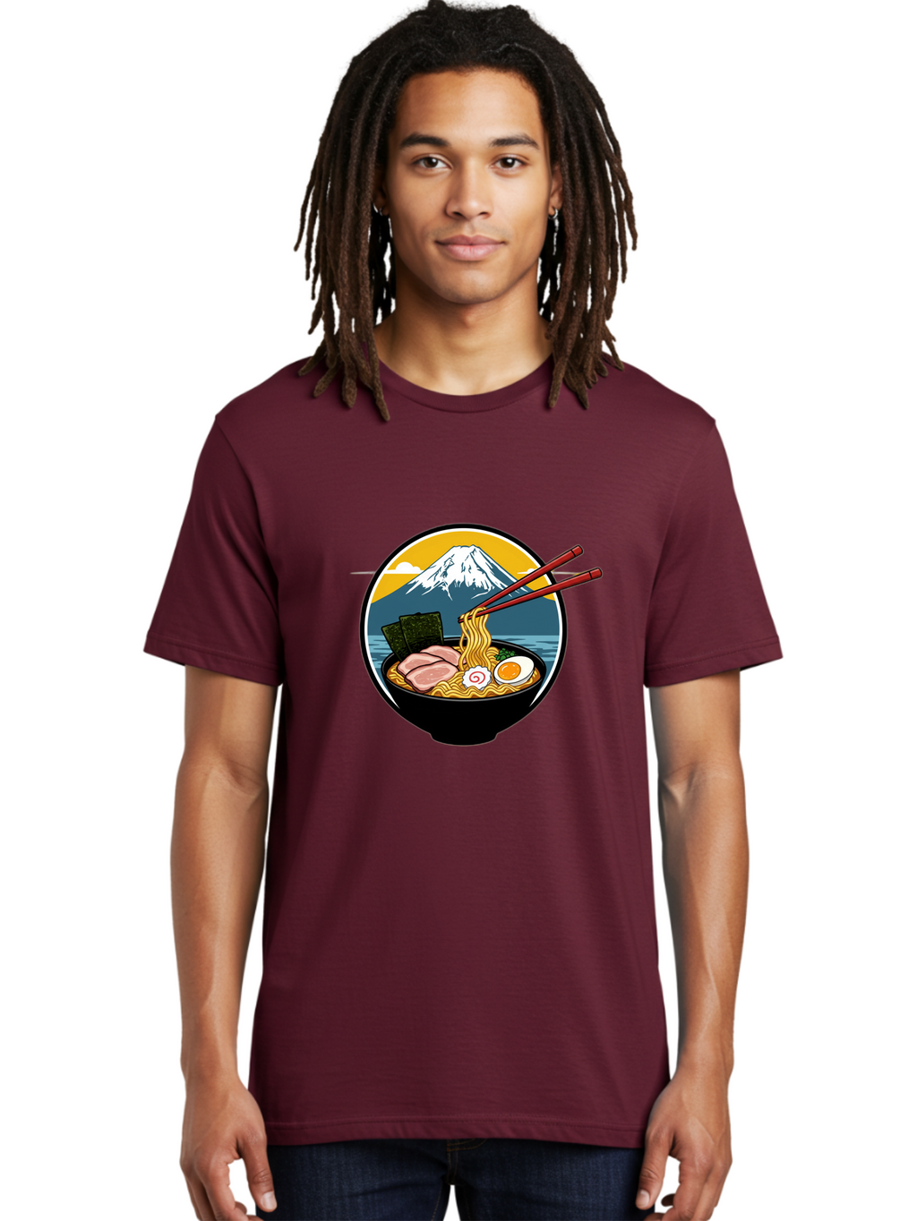 Ramen-Noodles-With-Mount-Fuji Men'S Graphic Tee, 100% Cotton, Comfortable Casual Summer Wear, Machine Washable, Steaming Bowl Of Ramen Noodles, Delicious Japanese Cuisine, Savory Pork Slices, Boiled Egg, Seaweed, Mount Fuji, Chopsticks, Bab315