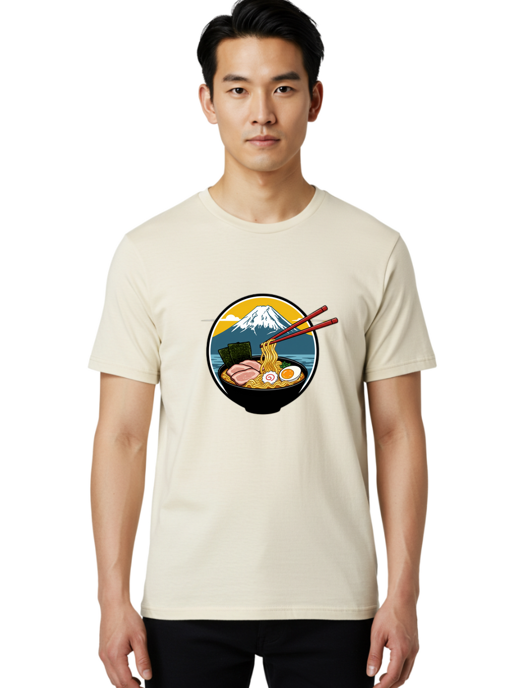 Ramen-Noodles-With-Mount-Fuji Men'S Graphic Tee, 100% Cotton, Comfortable Casual Summer Wear, Machine Washable, Steaming Bowl Of Ramen Noodles, Delicious Japanese Cuisine, Savory Pork Slices, Boiled Egg, Seaweed, Mount Fuji, Chopsticks, Bab315