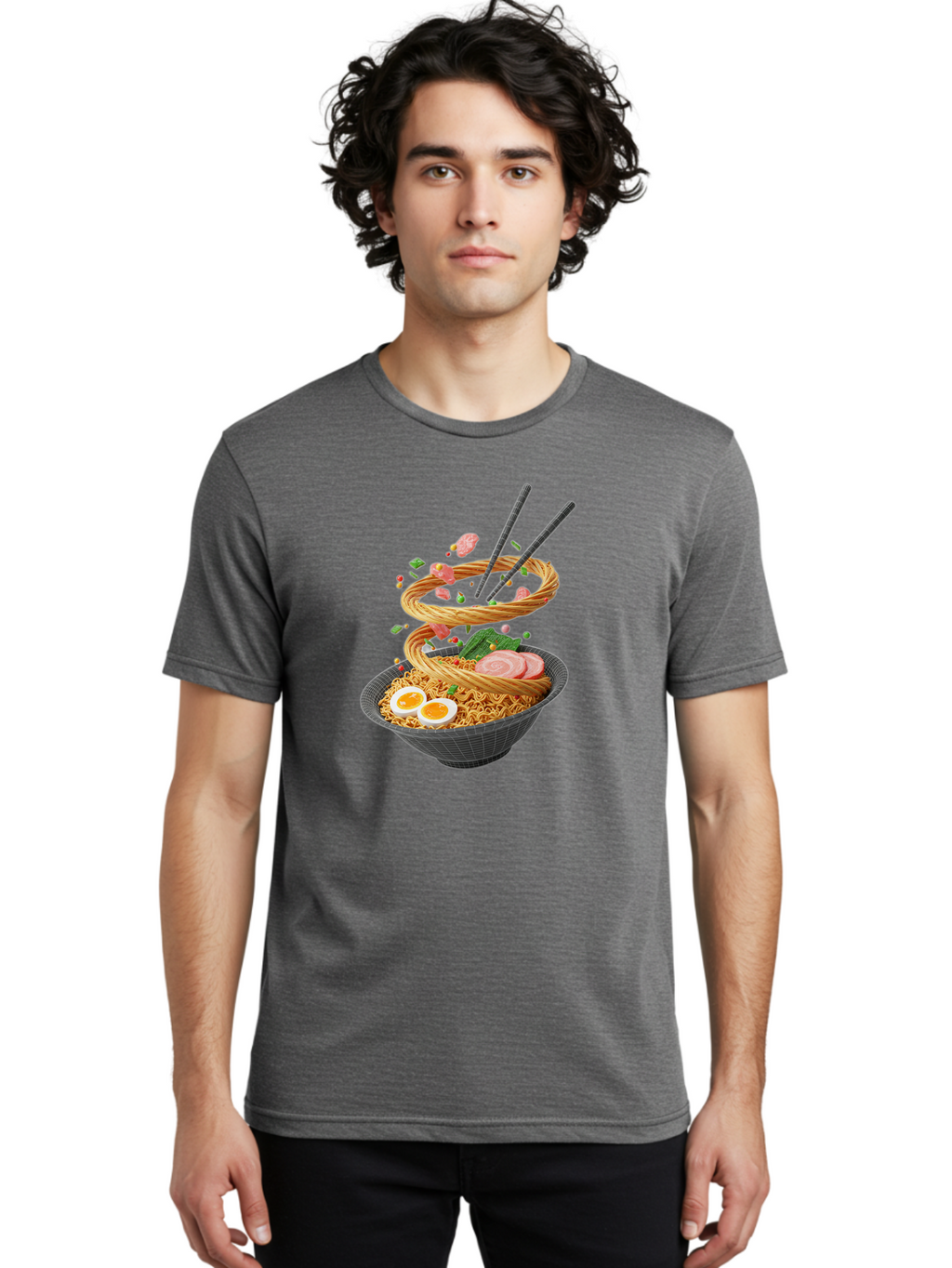 Ramen-Noodles Men'S Graphic Tee, 100% Cotton, Comfortable Casual Summer Wear, Machine Washable, Ramen Noodles, Delicious Bowl, Savory Dish, Asian Cuisine, Eggs, Sliced Pork, Green Onions, Chopsticks, Swirling Noodles, Foodie Art, Tasty Meal, Bab316