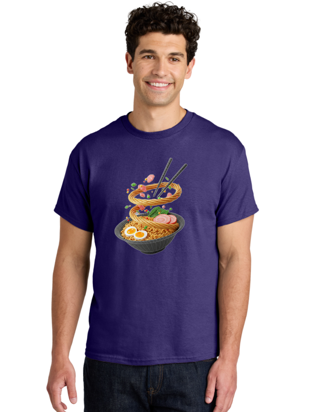 Ramen-Noodles Men'S Graphic Tee, 100% Cotton, Comfortable Casual Summer Wear, Machine Washable, Ramen Noodles, Delicious Bowl, Savory Dish, Asian Cuisine, Eggs, Sliced Pork, Green Onions, Chopsticks, Swirling Noodles, Foodie Art, Tasty Meal, Bab316