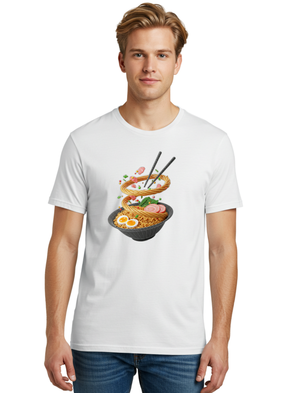 Ramen-Noodles Men'S Graphic Tee, 100% Cotton, Comfortable Casual Summer Wear, Machine Washable, Ramen Noodles, Delicious Bowl, Savory Dish, Asian Cuisine, Eggs, Sliced Pork, Green Onions, Chopsticks, Swirling Noodles, Foodie Art, Tasty Meal, Bab316