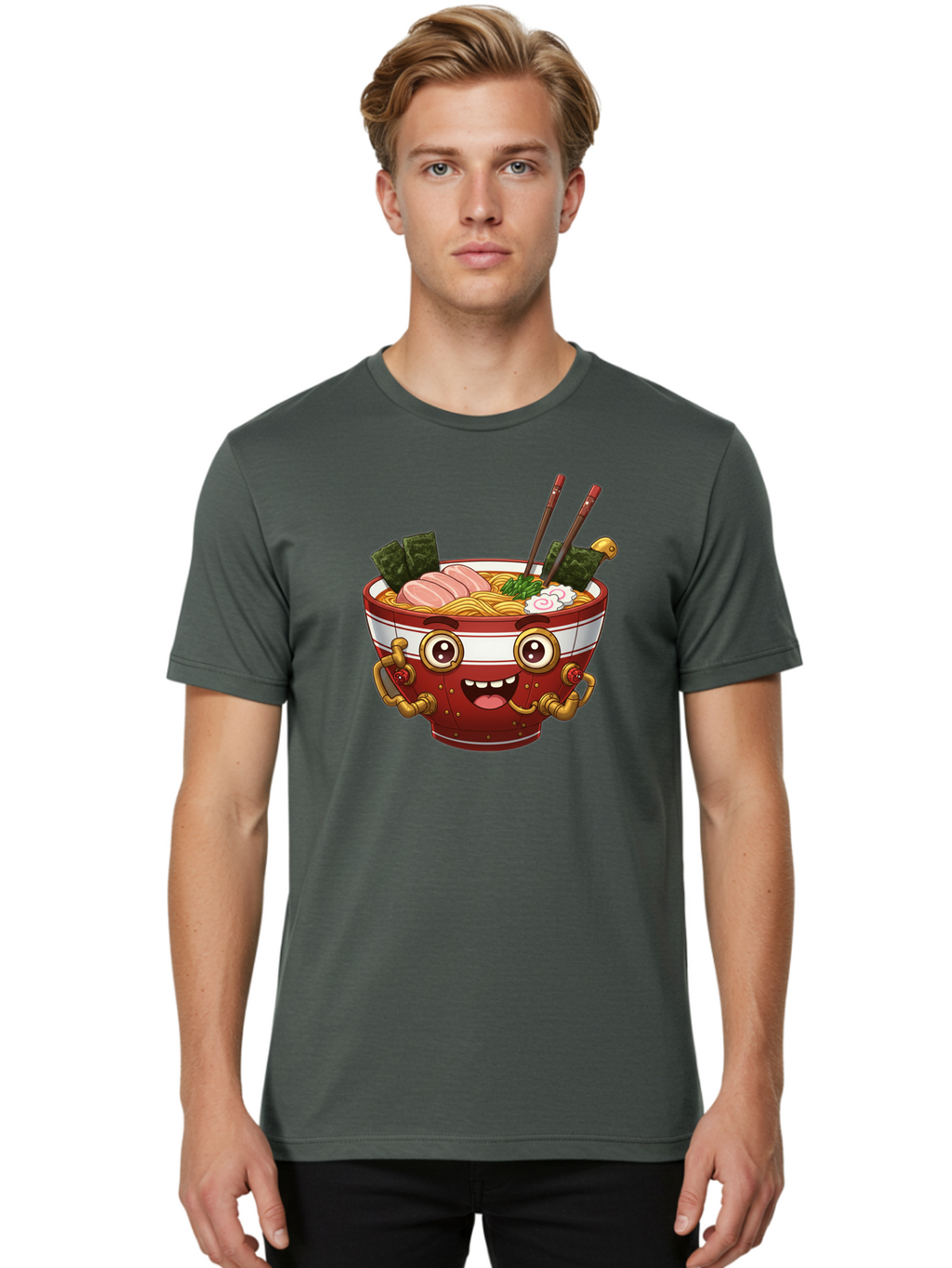 Ramen-Robot-1 Men'S Graphic Tee, 100% Cotton, Comfortable Casual Summer Wear, Machine Washable, Steaming Hot Ramen, Japanese Noodle Soup, Cartoon Ramen Bowl, Robotic Ramen, Delicious Food, Anime Style, Asian Cuisine, Tasty Noodles, Bab317