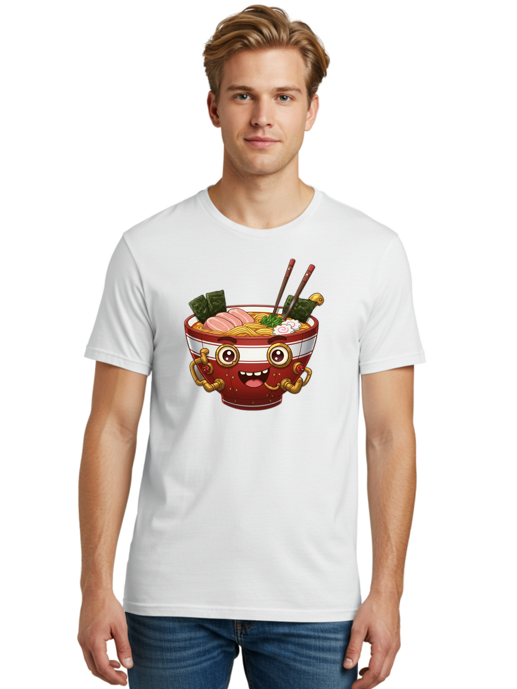 Ramen-Robot-1 Men'S Graphic Tee, 100% Cotton, Comfortable Casual Summer Wear, Machine Washable, Steaming Hot Ramen, Japanese Noodle Soup, Cartoon Ramen Bowl, Robotic Ramen, Delicious Food, Anime Style, Asian Cuisine, Tasty Noodles, Bab317