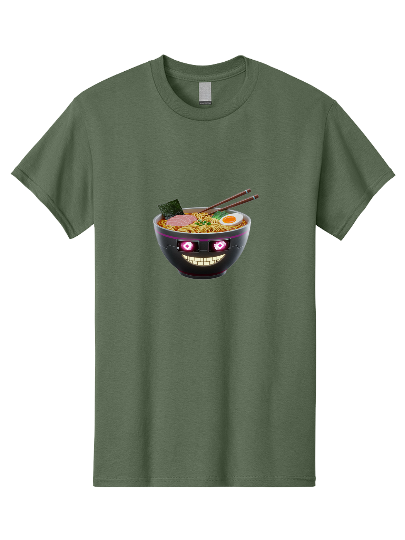 Ramen-Robot Men'S Graphic Tee, 100% Cotton, Comfortable Casual Summer Wear, Machine Washable, Ramen Bowl, Digital Illustration, Glowing Eyes, Robotic Face, Noodle Dish, Japanese Cuisine, Pink Accents, Chopsticks, Sliced Ham, Seaweed, Bab318