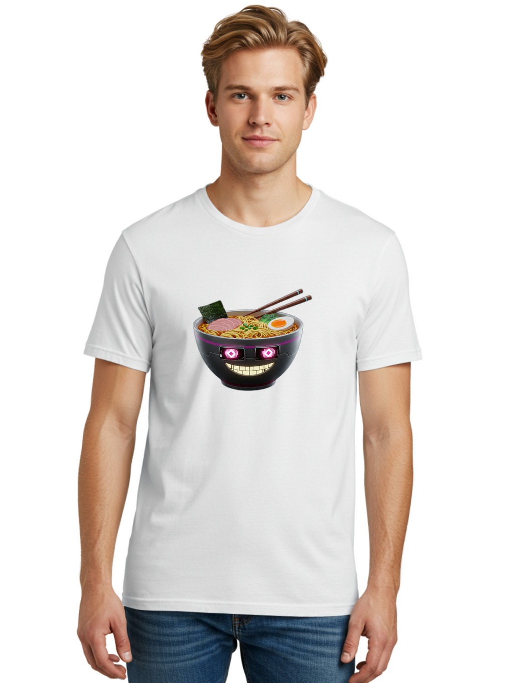 Ramen-Robot Men'S Graphic Tee, 100% Cotton, Comfortable Casual Summer Wear, Machine Washable, Ramen Bowl, Digital Illustration, Glowing Eyes, Robotic Face, Noodle Dish, Japanese Cuisine, Pink Accents, Chopsticks, Sliced Ham, Seaweed, Bab318