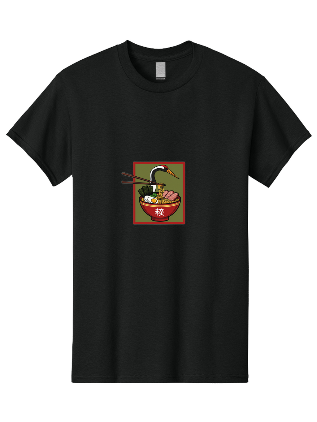 Ramen-With-Crane Men'S Graphic Tee, 100% Cotton, Comfortable Casual Summer Wear, Machine Washable, Ramen Bowl, Japanese Noodle Soup, Crane Bird, Chopsticks, Boiled Egg, Pork Slices, Seaweed, Kanji Characters, Oriental Cuisine, Savory Dish Bab319