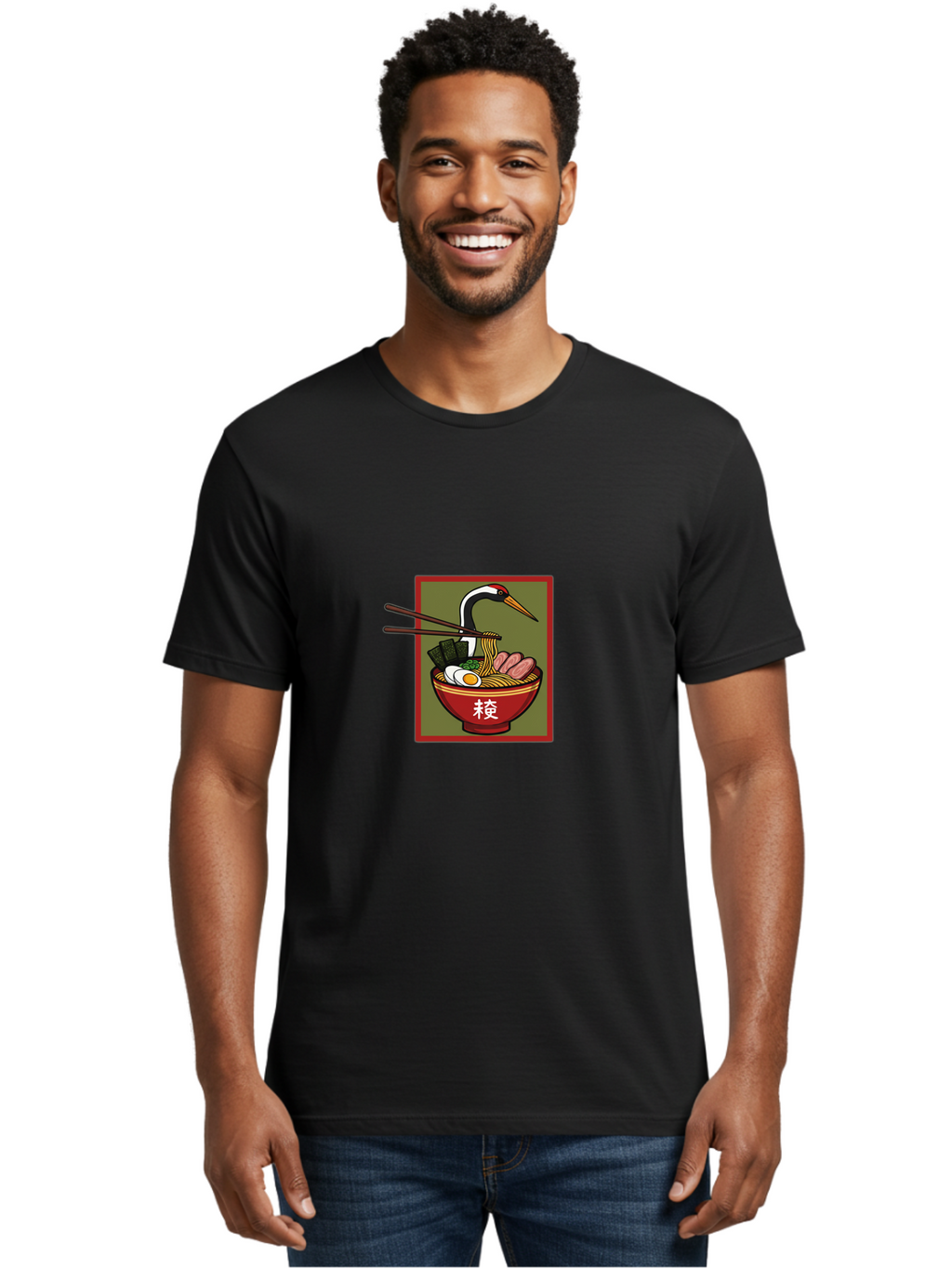Ramen-With-Crane Men'S Graphic Tee, 100% Cotton, Comfortable Casual Summer Wear, Machine Washable, Ramen Bowl, Japanese Noodle Soup, Crane Bird, Chopsticks, Boiled Egg, Pork Slices, Seaweed, Kanji Characters, Oriental Cuisine, Savory Dish Bab319