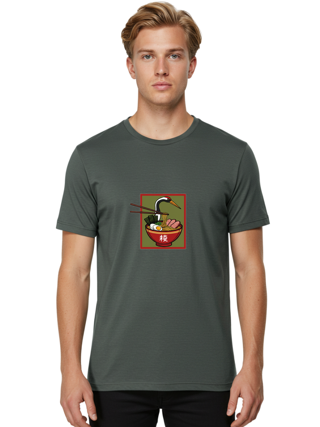 Ramen-With-Crane Men'S Graphic Tee, 100% Cotton, Comfortable Casual Summer Wear, Machine Washable, Ramen Bowl, Japanese Noodle Soup, Crane Bird, Chopsticks, Boiled Egg, Pork Slices, Seaweed, Kanji Characters, Oriental Cuisine, Savory Dish Bab319