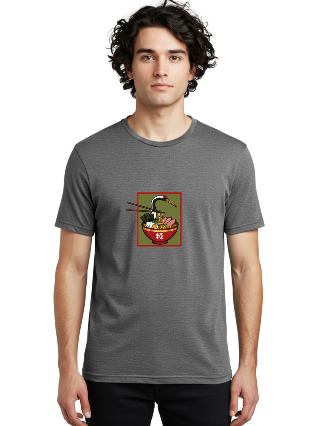 Ramen-With-Crane Men'S Graphic Tee, 100% Cotton, Comfortable Casual Summer Wear, Machine Washable, Ramen Bowl, Japanese Noodle Soup, Crane Bird, Chopsticks, Boiled Egg, Pork Slices, Seaweed, Kanji Characters, Oriental Cuisine, Savory Dish Bab319