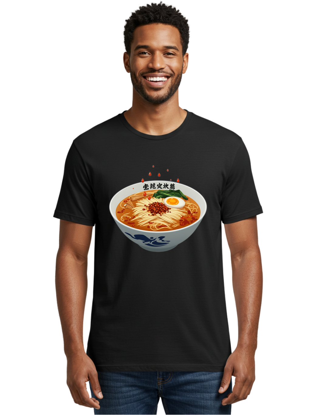 Ramen-With-Egg Men'S Graphic Tee, 100% Cotton, Comfortable Casual Summer Wear, Machine Washable, Spicy Ramen, Boiled Egg, Noodles, Red Pepper, Asian Cuisine, Japanese Food, Chinese Characters, Cartoon Illustration, Savory Broth Bab320