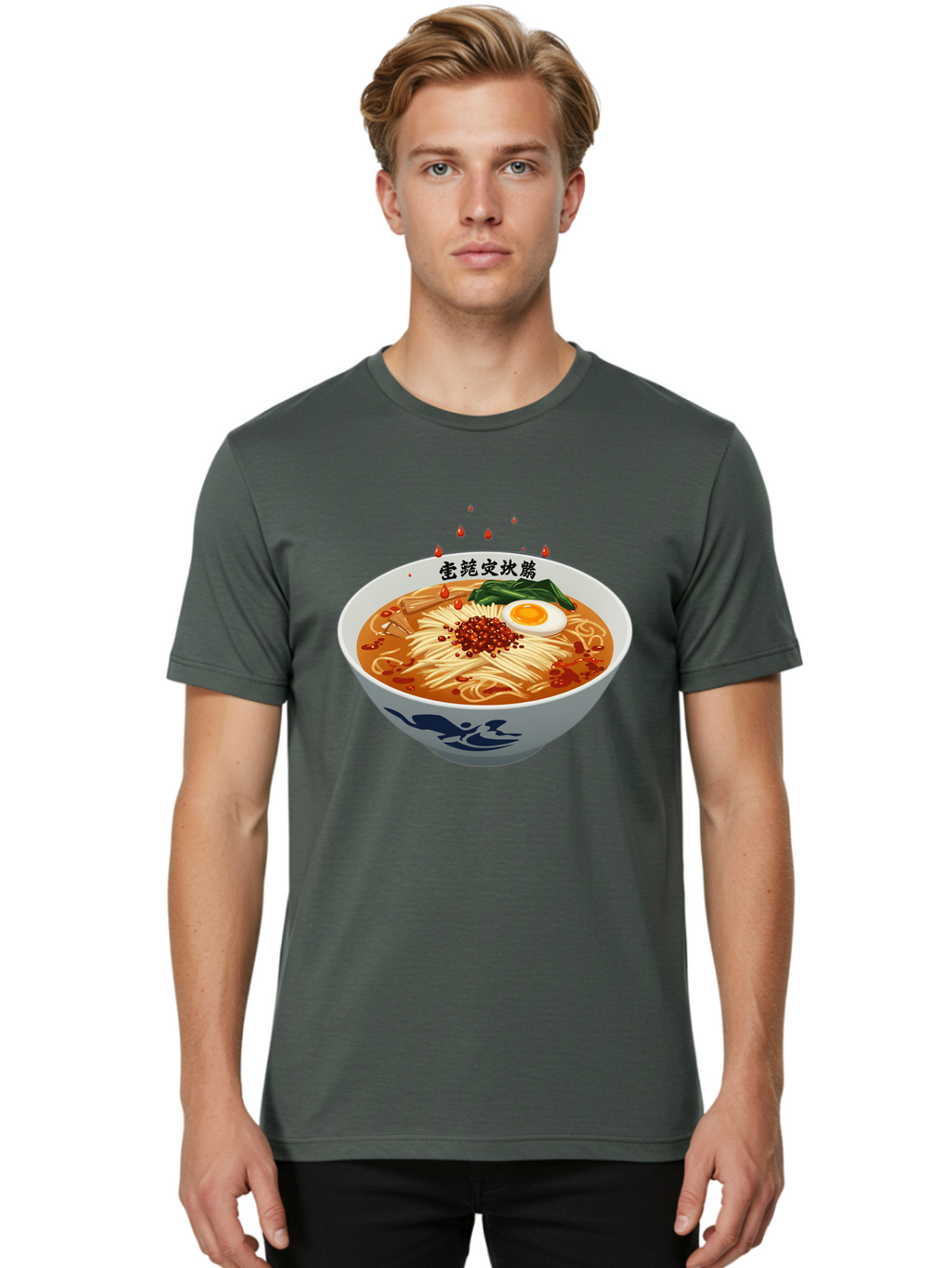 Ramen-With-Egg Men'S Graphic Tee, 100% Cotton, Comfortable Casual Summer Wear, Machine Washable, Spicy Ramen, Boiled Egg, Noodles, Red Pepper, Asian Cuisine, Japanese Food, Chinese Characters, Cartoon Illustration, Savory Broth Bab320